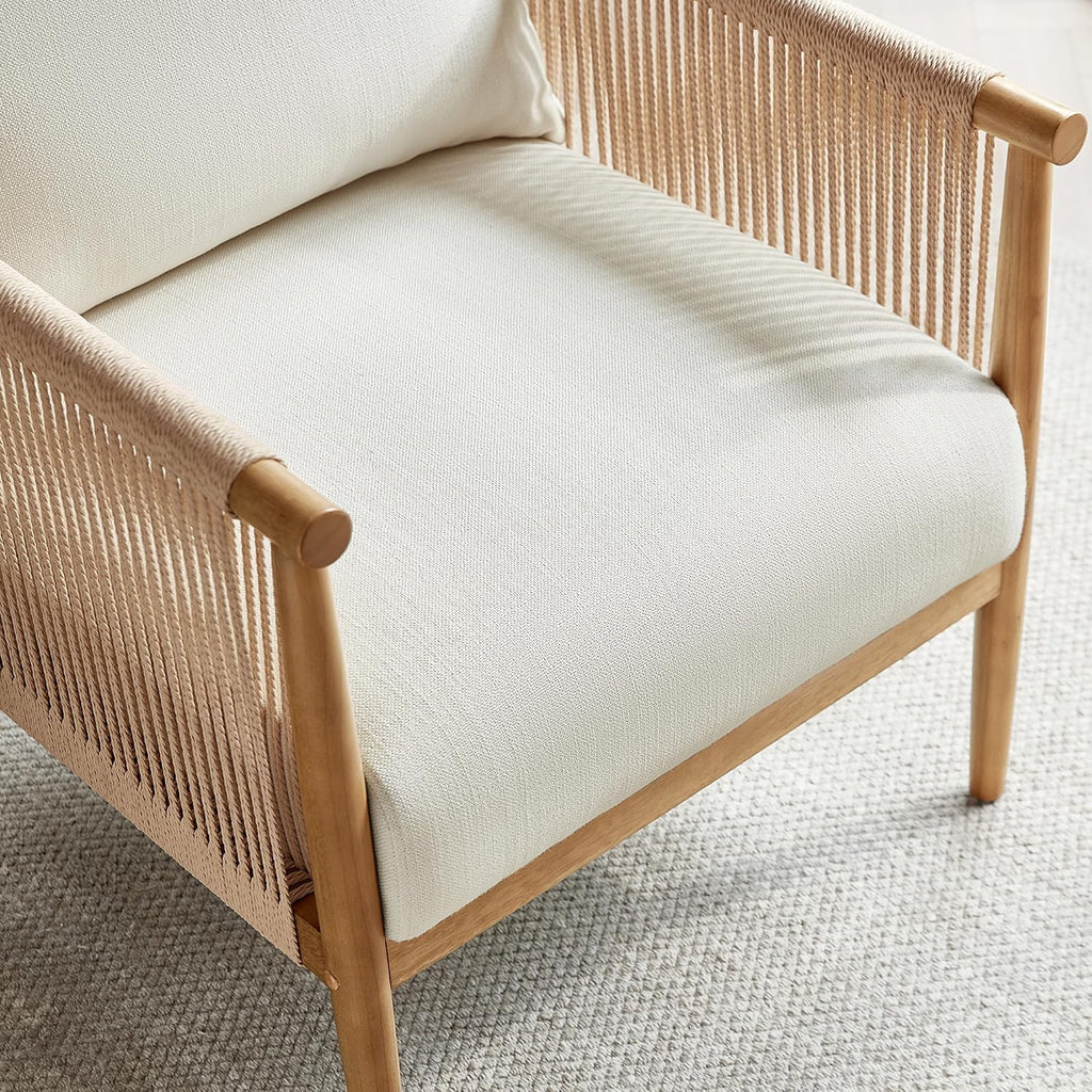 CHITA Braid Accent Chair Set of 2, Modern Armchair with Solid Wooden Armrest for Living Room and Bedroom, Boho Reading Chair, Cream
