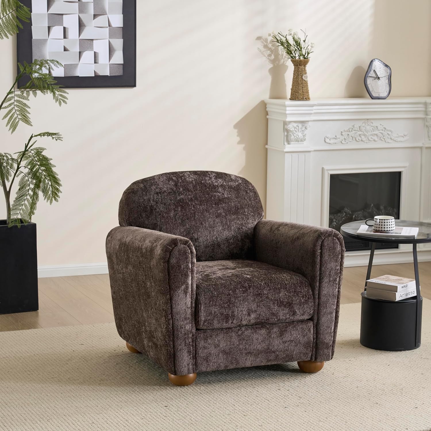 Christopher Knight Home Peysz Modern Accent Chair, Chenille Upholstered Armchair with Rounded Wooden Legs, Comfortable Single Sofa, Soft Cushion Seating, Lounge Chair Indoor, Dark Brown