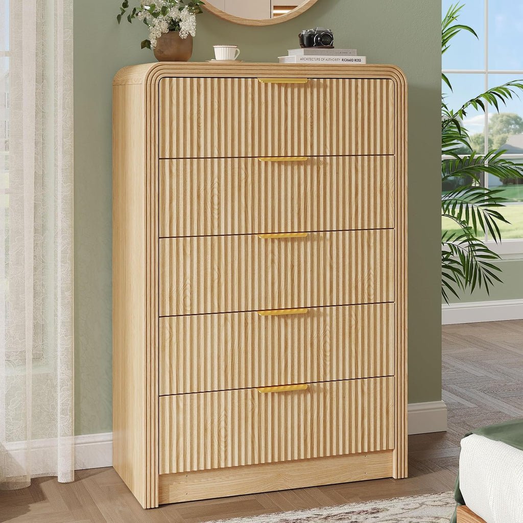 Decofy Fluted 5 Drawers Dresser, 48' Tall Modern Chest of Drawers with Round Edge & Metal Handle, Wood Drawer Organizer for Living Room, Bedroom, Entryway, Hallway (Natural Oak)