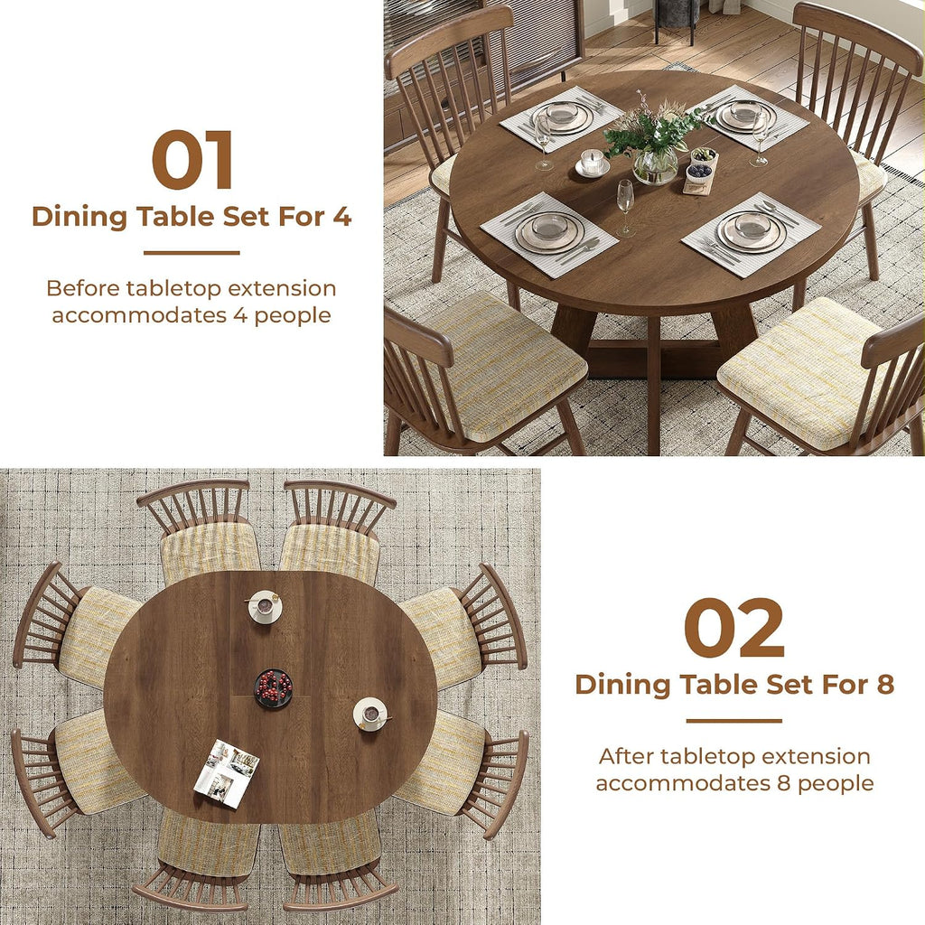 Extendable Round Dining Table for 4-8,Modern Kitchen Oval Dining Table with Removable Leaves Space Saving,Wood Base for Kitchen Living Room (Walnut)