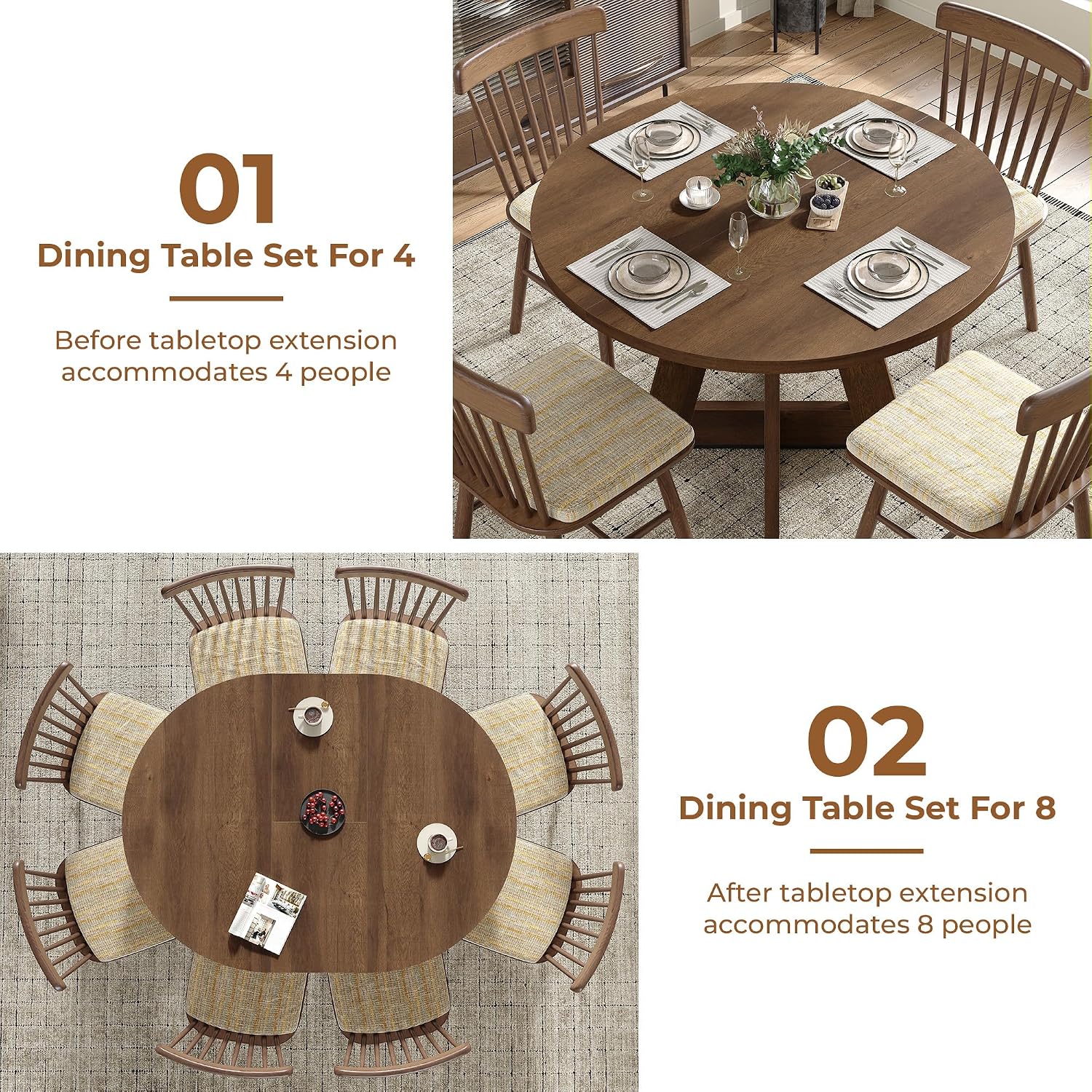 Extendable Round Dining Table for 4-8,Modern Kitchen Oval Dining Table with Removable Leaves Space Saving,Wood Base for Kitchen Living Room (Walnut)