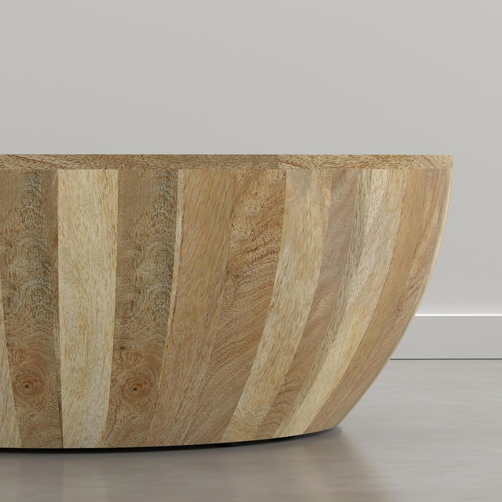 SIMPLIHOME Elmbrook Coffee Table - 34 inch Wide Solid Mango Wood Modern Industrial Round Drum Cocktail Table in Natural Blonde, Sculptural Living Room Table with Low Profile Design, Assembled