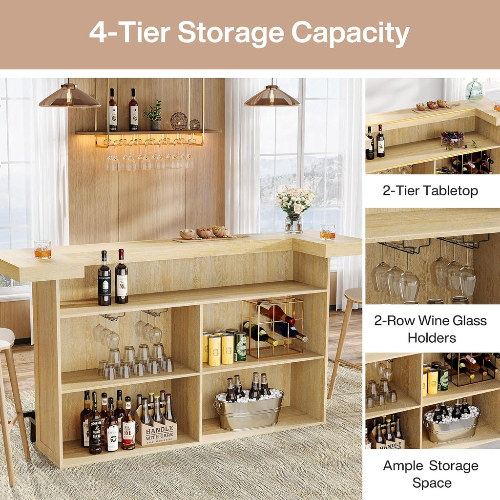 Tribesigns 4-Tier Bar Table, 70.9-Inch Large Wooden Home Bar Unit with Wine Glass Holder and Black Footrest, Pub Table with Storage Shelves for Home, Patio, Basement, Oak