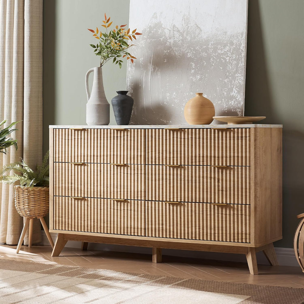 T4TREAM Fluted 6 Drawers Dresser, 54' Wide Modern Chest of Drawers with Faux Marble Top, Curved Profile Design, Dresser TV Stand, Wood Drawer Organizer for Bedroom, Living Room, Hallway, Natural Oak