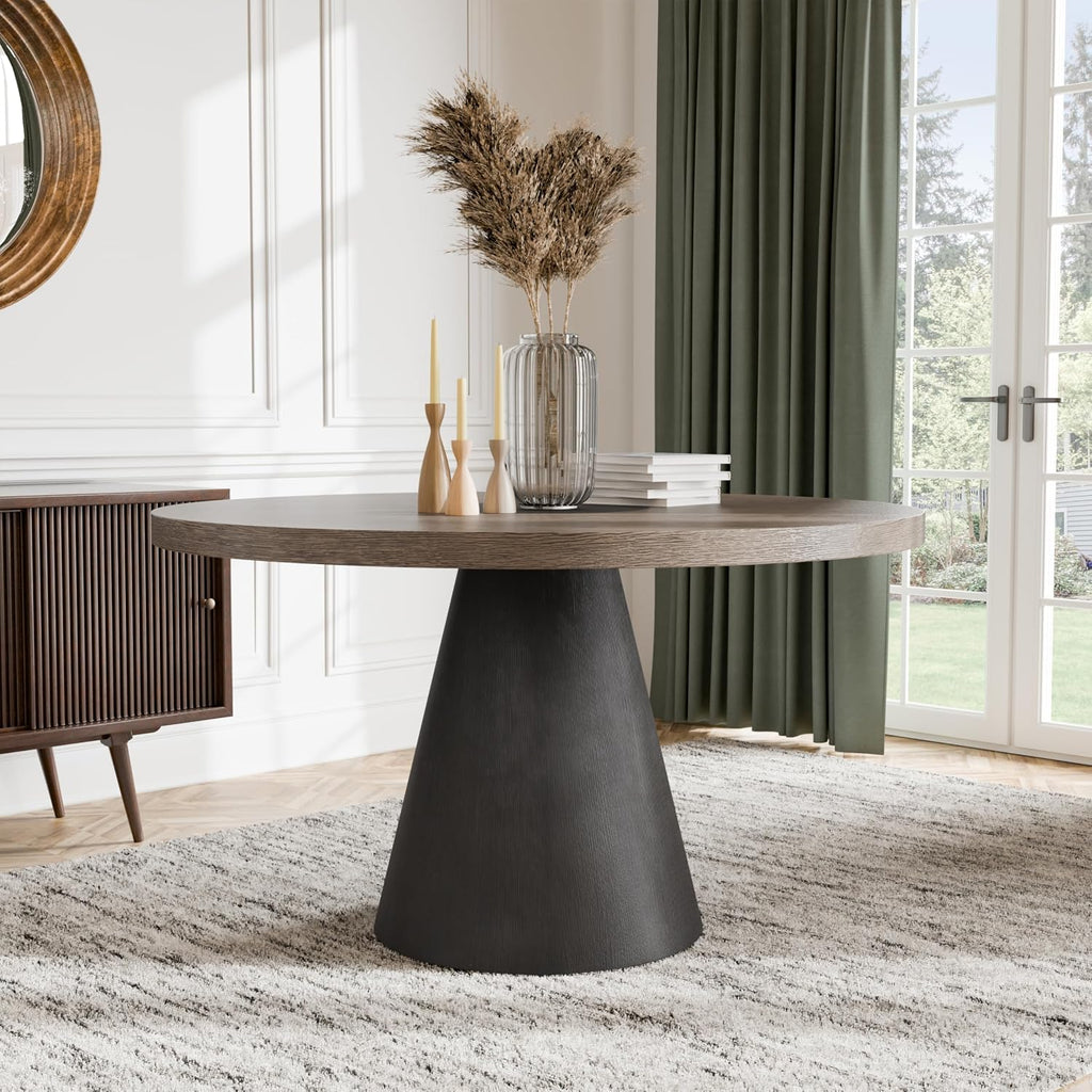 Furniture of America Demi Modern Solid Wood 54-inch Round Dining Table with Cone-Shaped Pedestal Base, Two-Tone Design, Seats up to 4, for Home Kitchen, Living Room, Dinettes, Rustic Oak/Dark Walnut