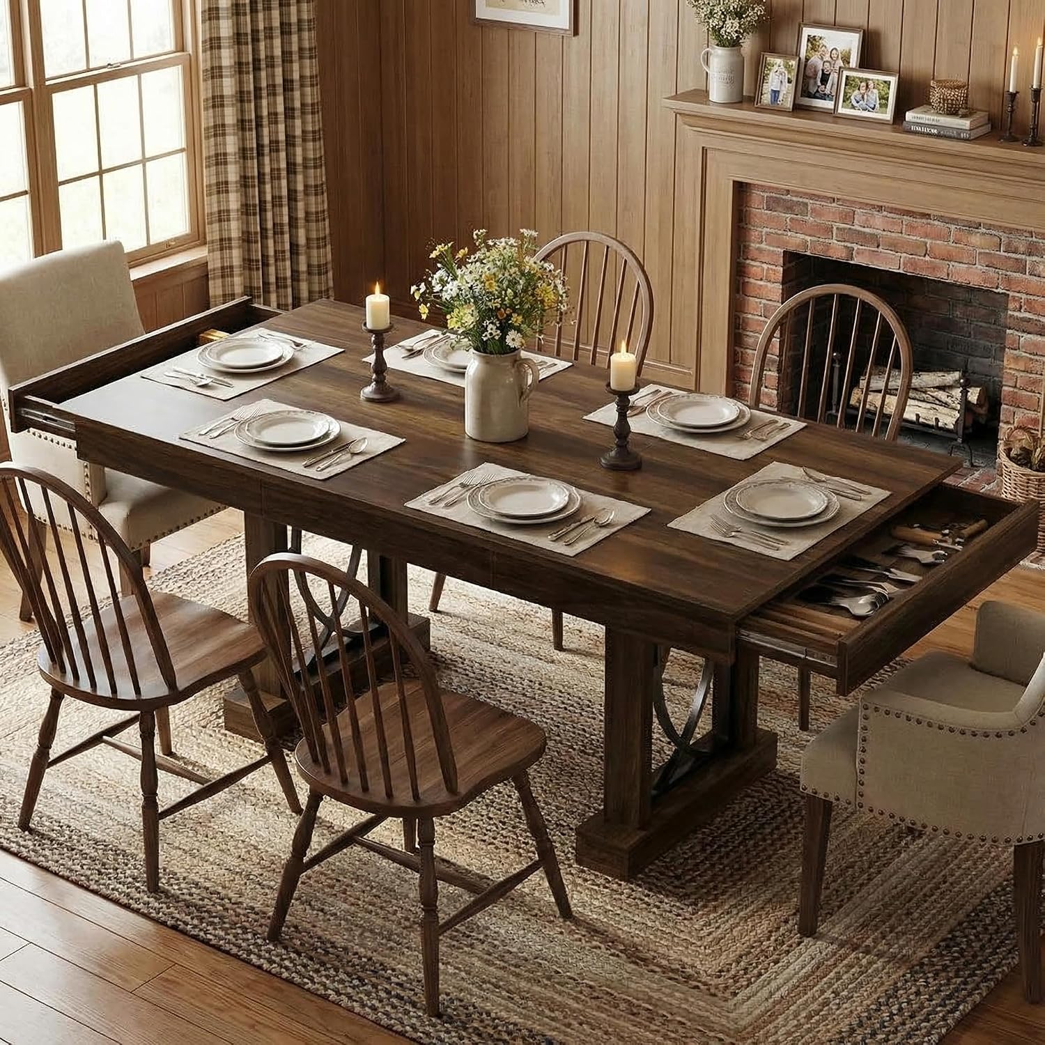 IDEALHOUSE Wooden Dining Table for 6-8 People with 2 Large Drawers, 71 in Long Farmhouse Rectangular Kitchen Dining Table & Thick Table Top, Sturdy Frame, for Big Family, Dinette, Office, Walunt