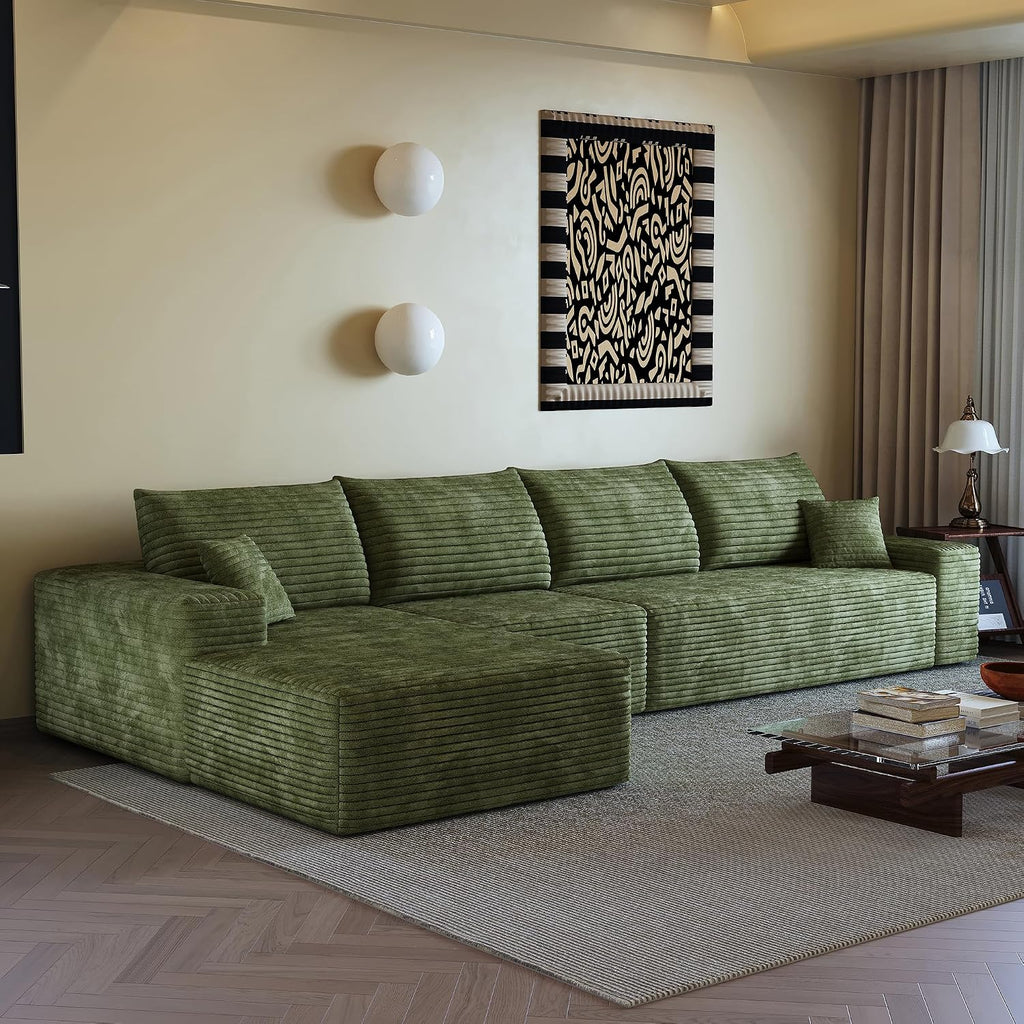 135' Oversized Compressed Sectional Sofa - 33D High-Density Foam Cloud Couch with Deep Seat - Minimalist 3-Piece Corduroy Upholstered Boneless Modular Lounge Couch