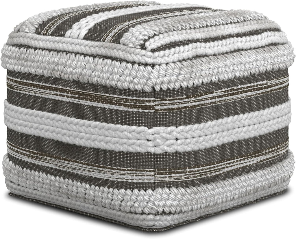 SIMPLIHOME Sommer Boho Square Pouf in Natural/Taupe Grey Handloom Woven Pattern for the Living Room, Bedroom and Kids Room
