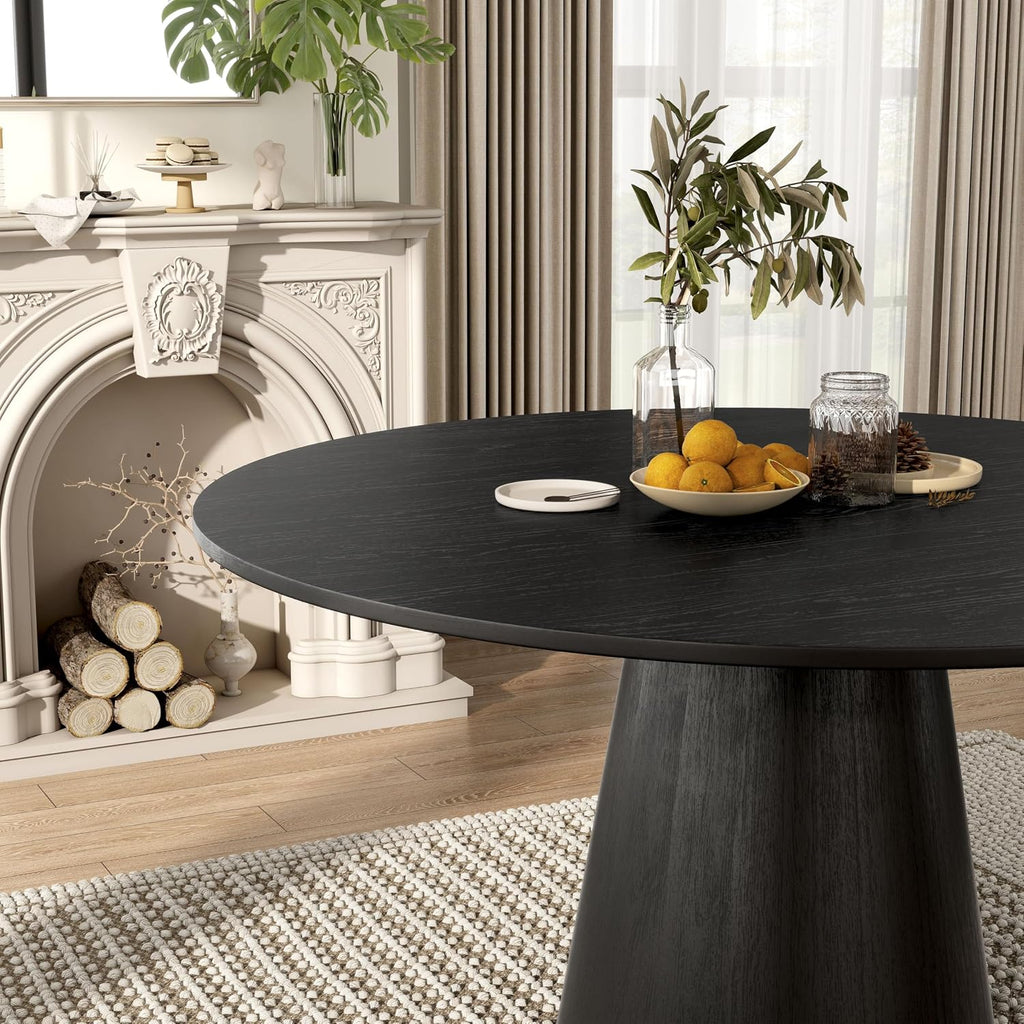 Furniture of America Lestara Modern Solid Wood 59-inch Round Dining Table with Tapered Pedestal Base, Seats up to 6, Easy Assembly, for Home, Kitchen, Living Room, Black