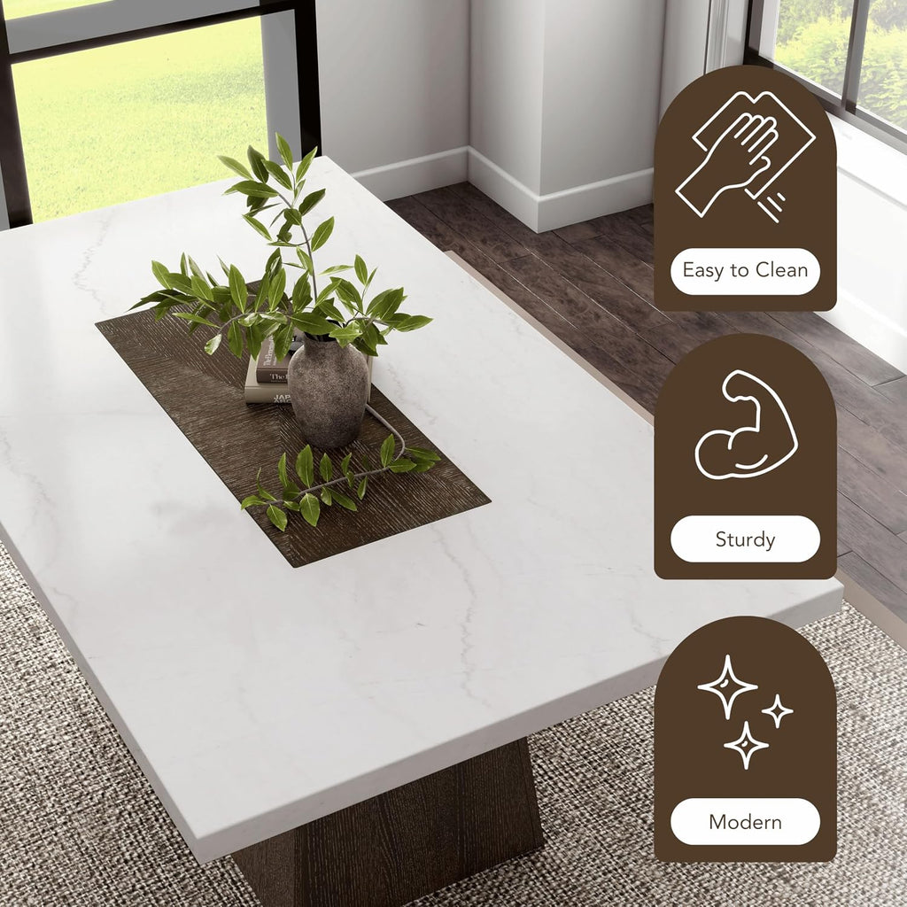 Furniture of America Rafferty Modern Solid Wood 70-inch Rectangle Dining Table with Genuine White Marble Tabletop and Tapered Pedestal Base, Seats up to 6, for Home Kitchen, Living Room, Dark Walnut