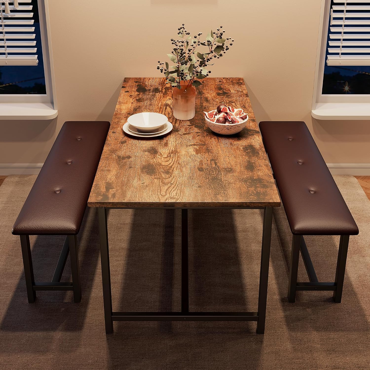 GarveeHome Dining Table Set for 4, Kitchen Table with 2 Upholstered Benches, Wood Kitchen Dining Room Set, for Small Space, Apartment, Home, Dinner, Retro Brown