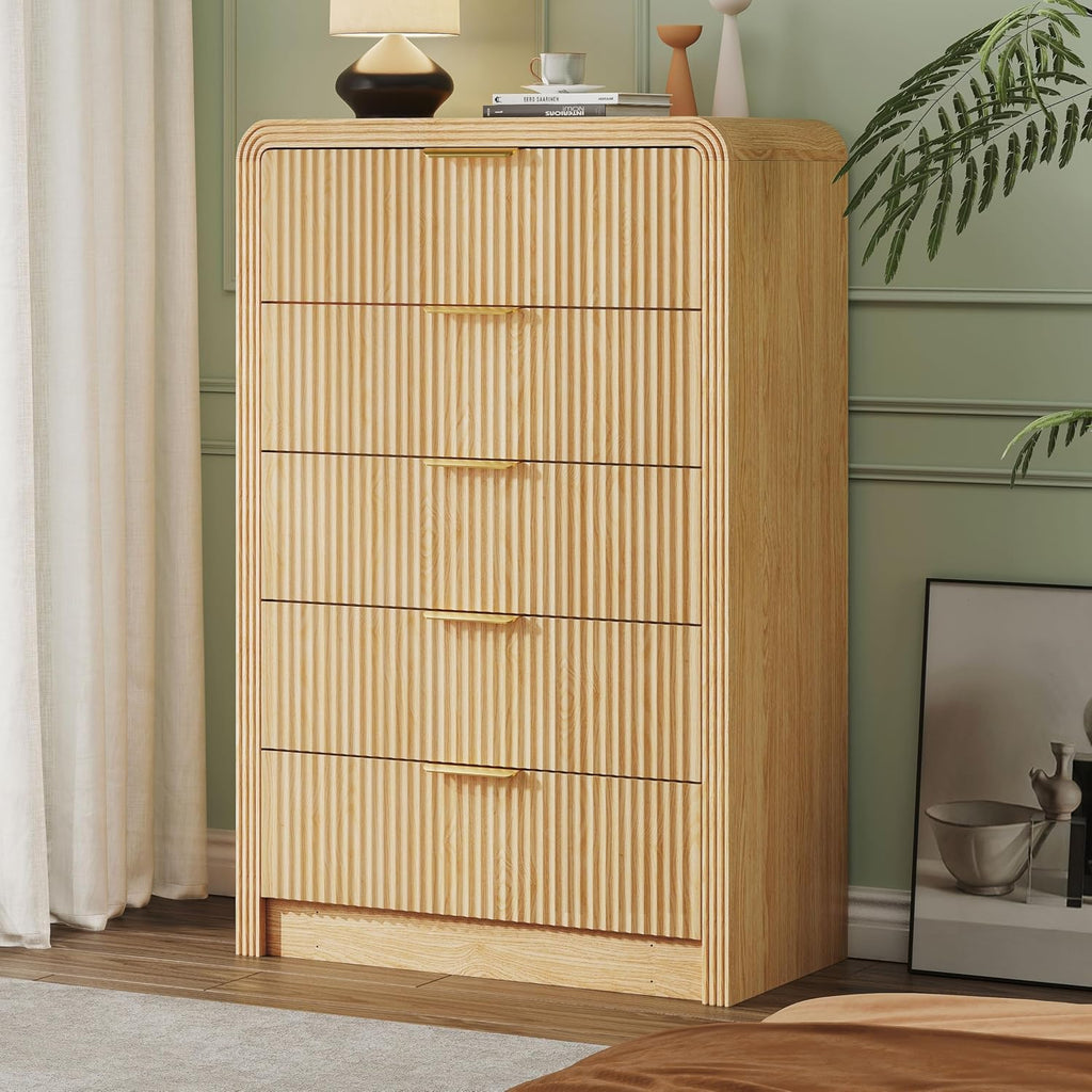 Decofy Fluted 5 Drawers Dresser, 48' Tall Modern Chest of Drawers with Round Edge & Metal Handle, Wood Drawer Organizer for Living Room, Bedroom, Entryway, Hallway (Natural Oak)