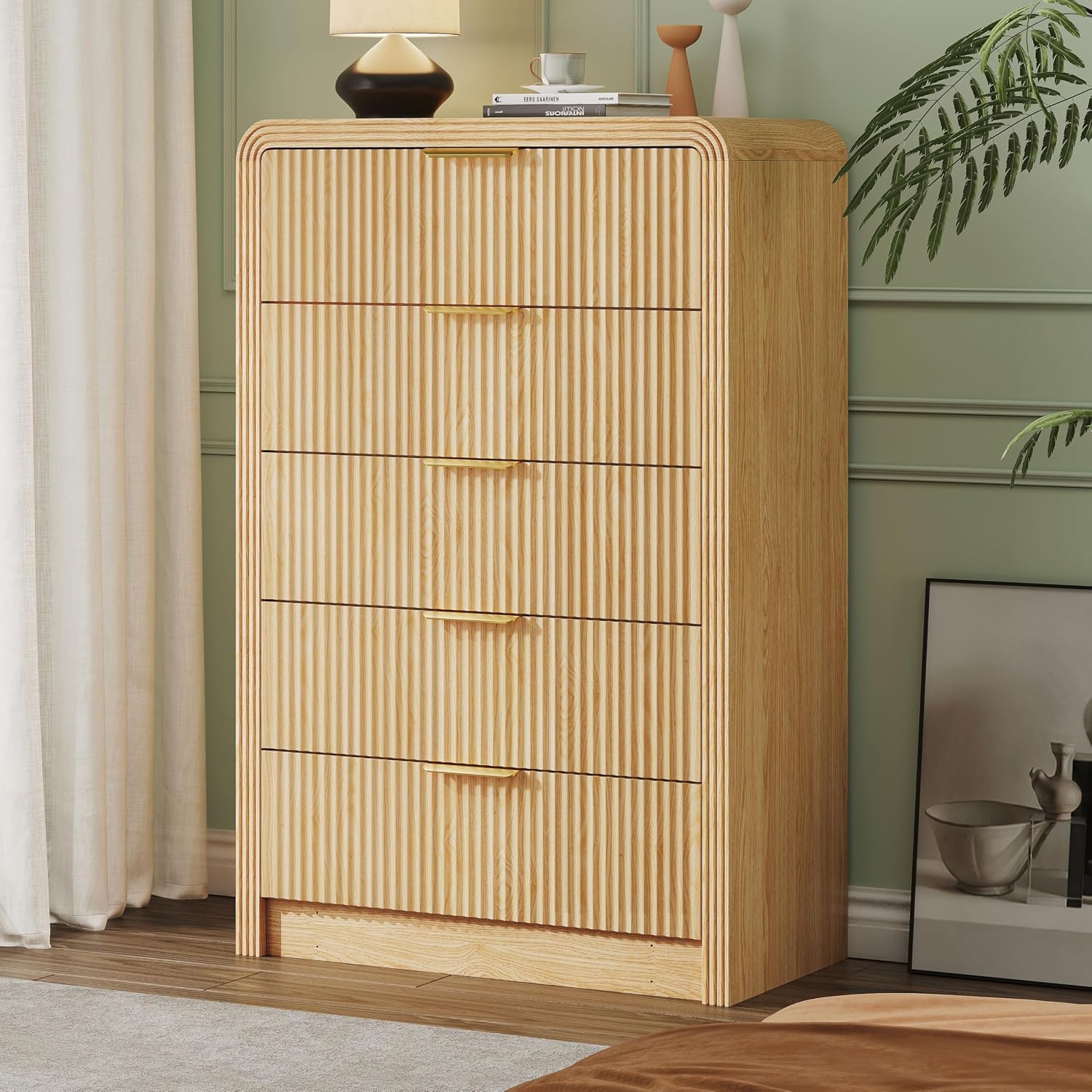 Decofy Fluted 5 Drawers Dresser, 48' Tall Modern Chest of Drawers with Round Edge & Metal Handle, Wood Drawer Organizer for Living Room, Bedroom, Entryway, Hallway (Natural Oak)