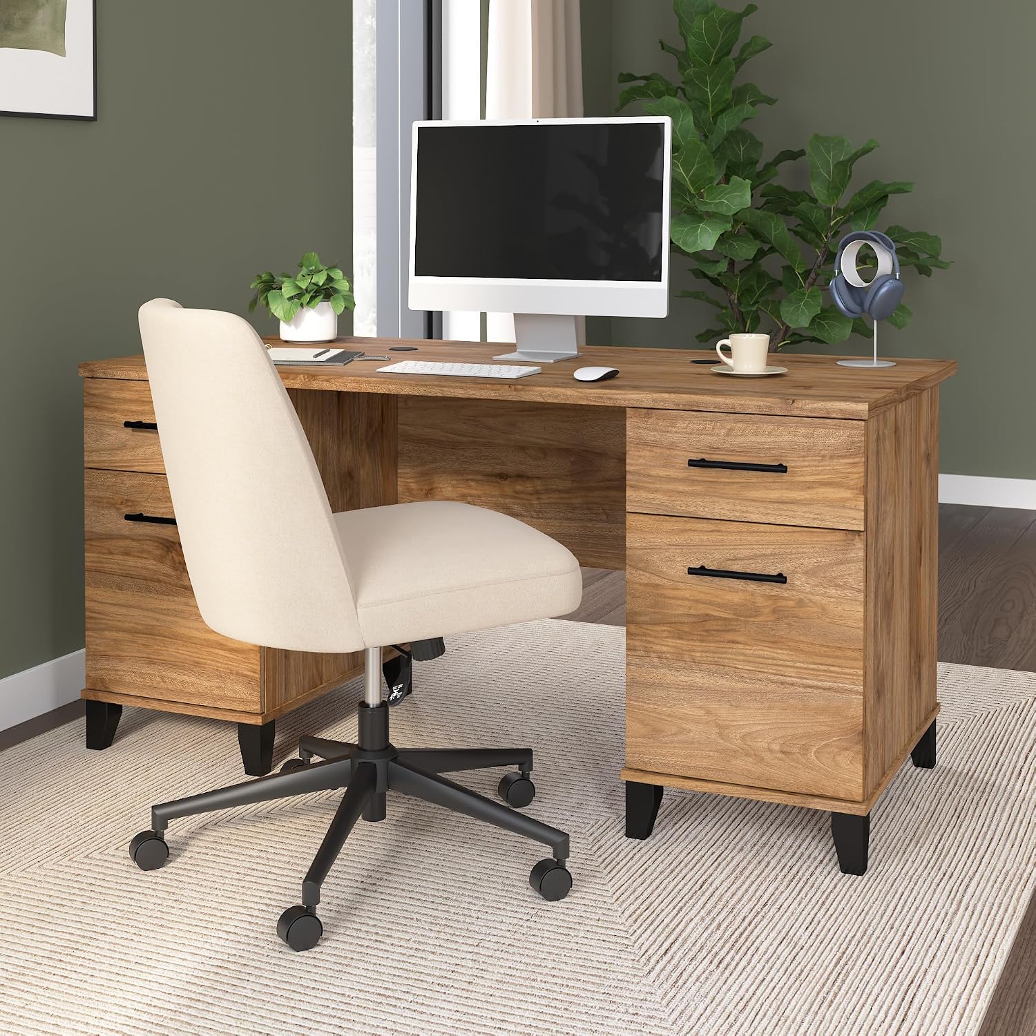 Bush Home 60-Inch Office Desk with Drawers, Computer Desk with File and Box Drawers, Home Office Workstation with Storage Cabinet, Writing Desk Furniture, Somerset Collection, Fresh Walnut