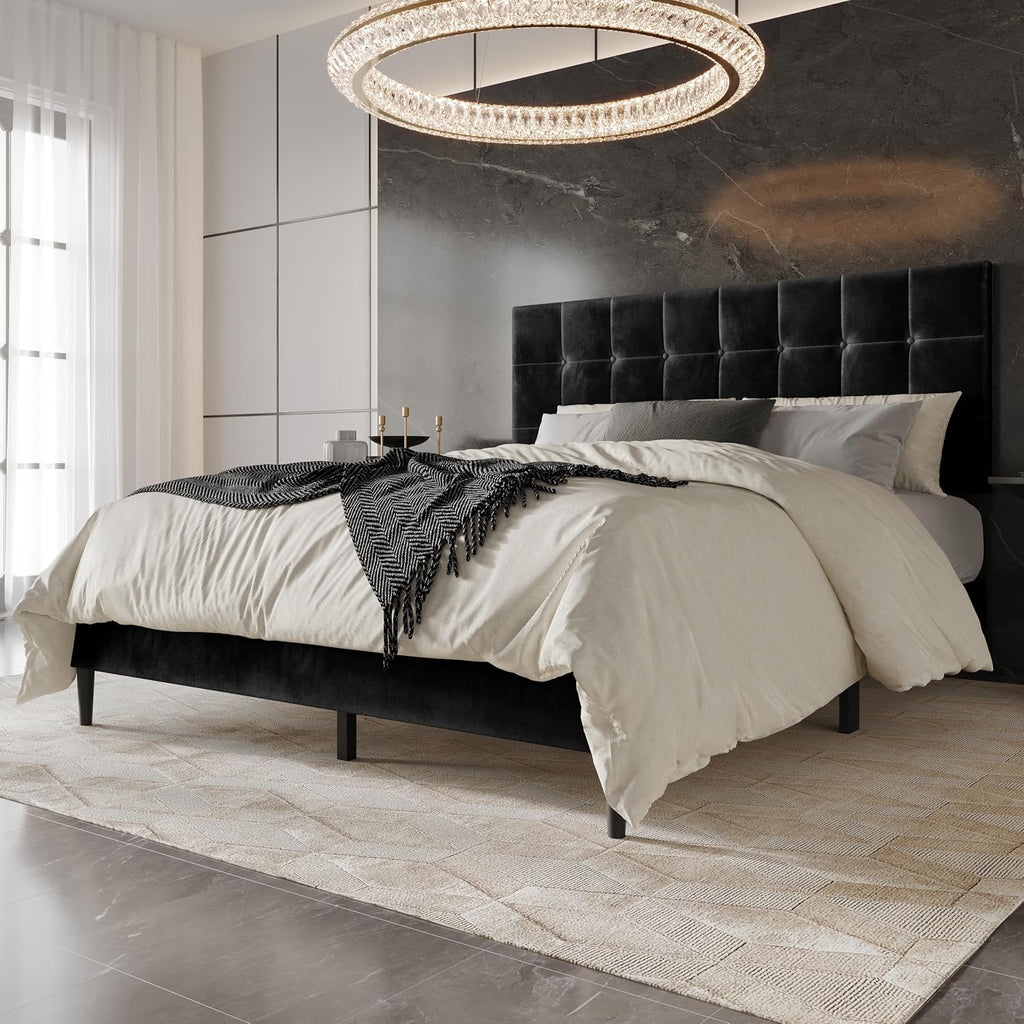 HOME DESIGN Marion Queen Tufted Upholstered Platform Bed with Grid-Tufted Tall Headboard & Wooden Slat Support, Modern Bedroom Furniture, Black
