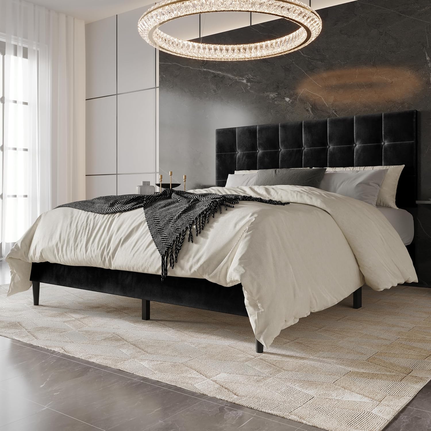 HOME DESIGN Marion Queen Tufted Upholstered Platform Bed with Grid-Tufted Tall Headboard & Wooden Slat Support, Modern Bedroom Furniture, Black