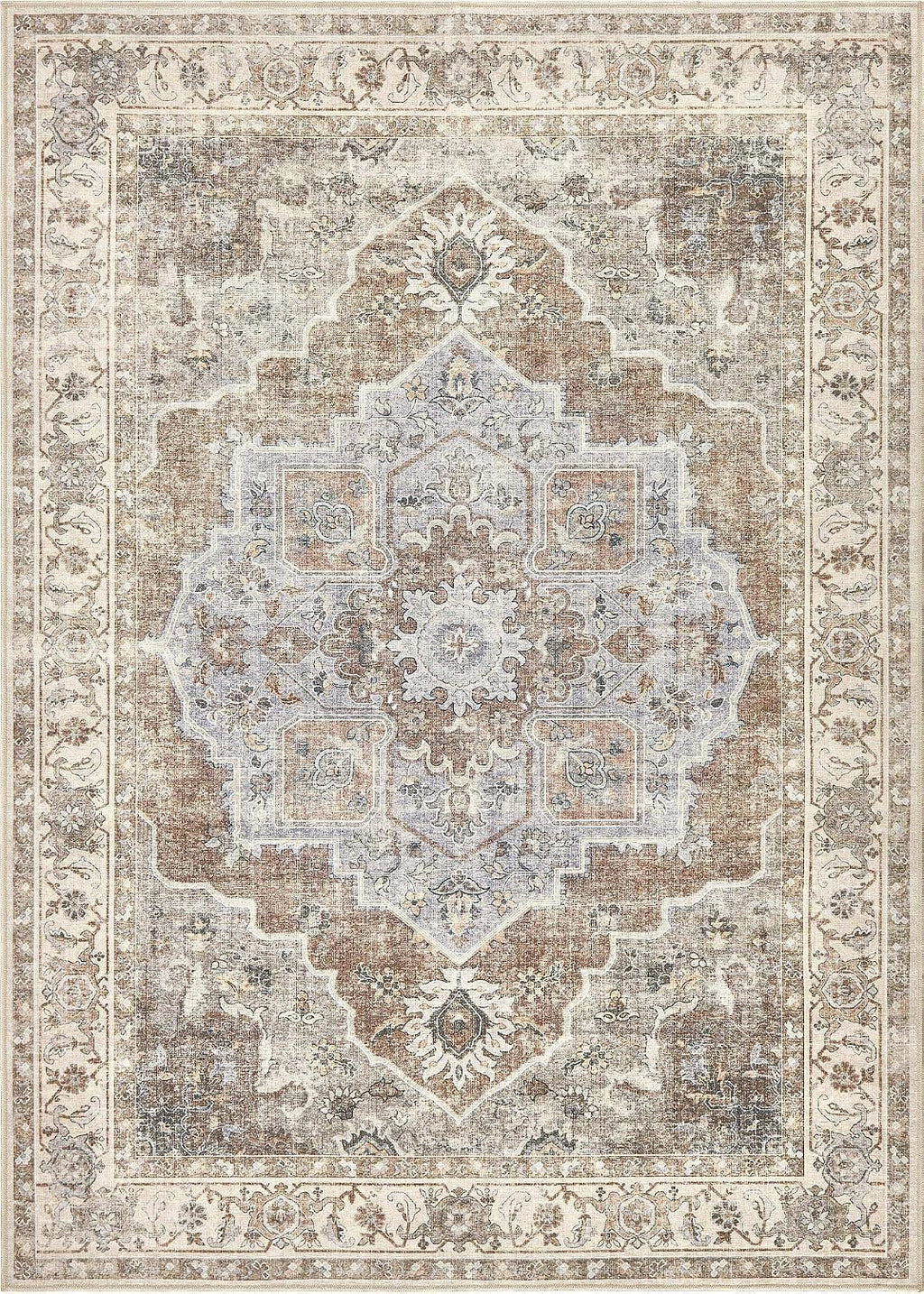 9x12 Washable Area Rug: Vintage Neutral Soft Non Slip Thin Large Floor Carpet for Living Room Bedroom Kitchen Dining Room Home Office Farmhouse Indoor - Grey Brown