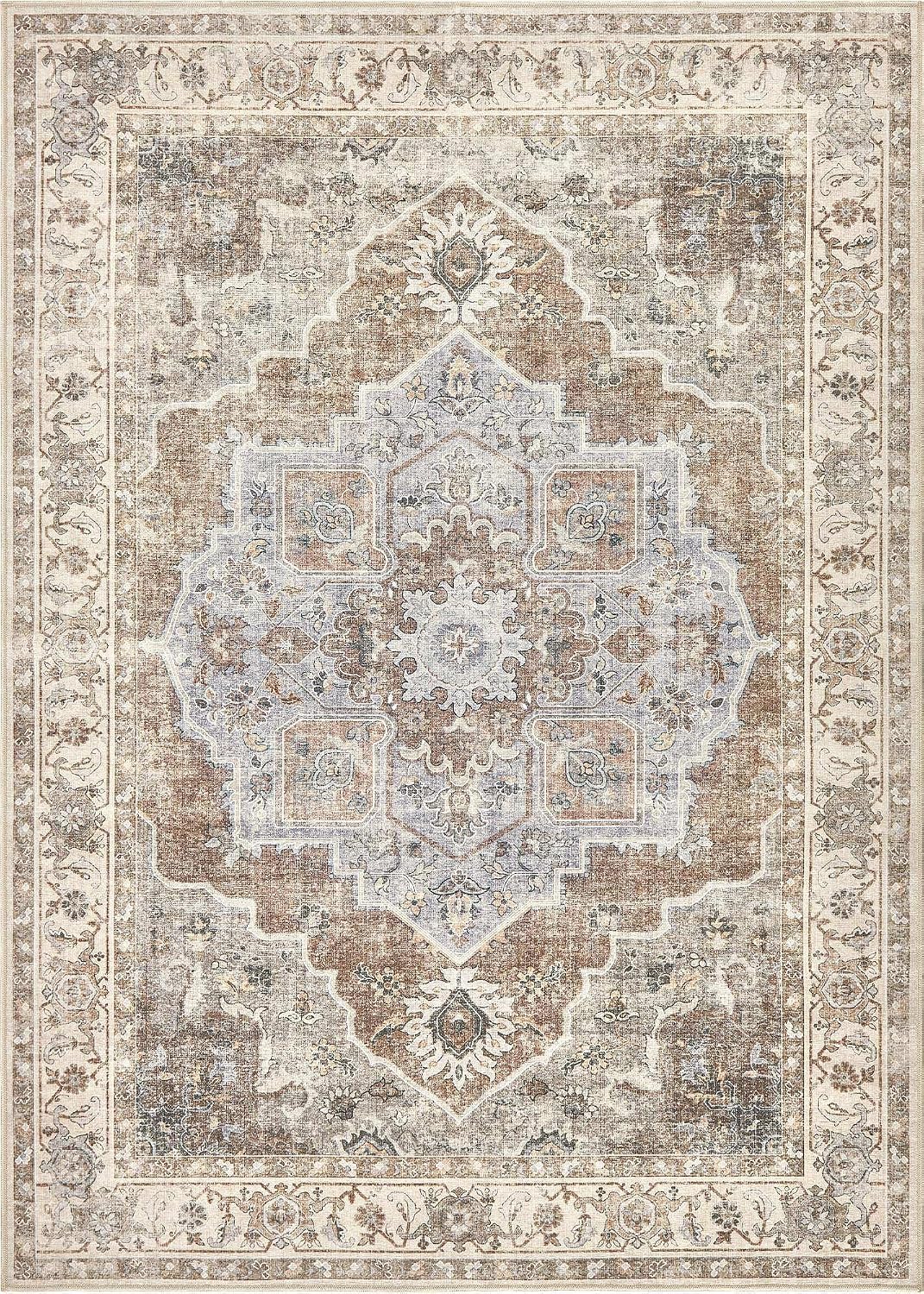9x12 Washable Area Rug: Vintage Neutral Soft Non Slip Thin Large Floor Carpet for Living Room Bedroom Kitchen Dining Room Home Office Farmhouse Indoor - Grey Brown