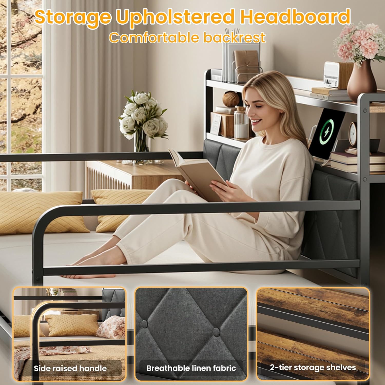LIKIMIO Twin Daybed with Trundle, 700lbs Capacity, LED Lights & Charging Station, Twin Bed Frame with Storage, Convertible Sofa Bed for Bedroom, Living Room, Black