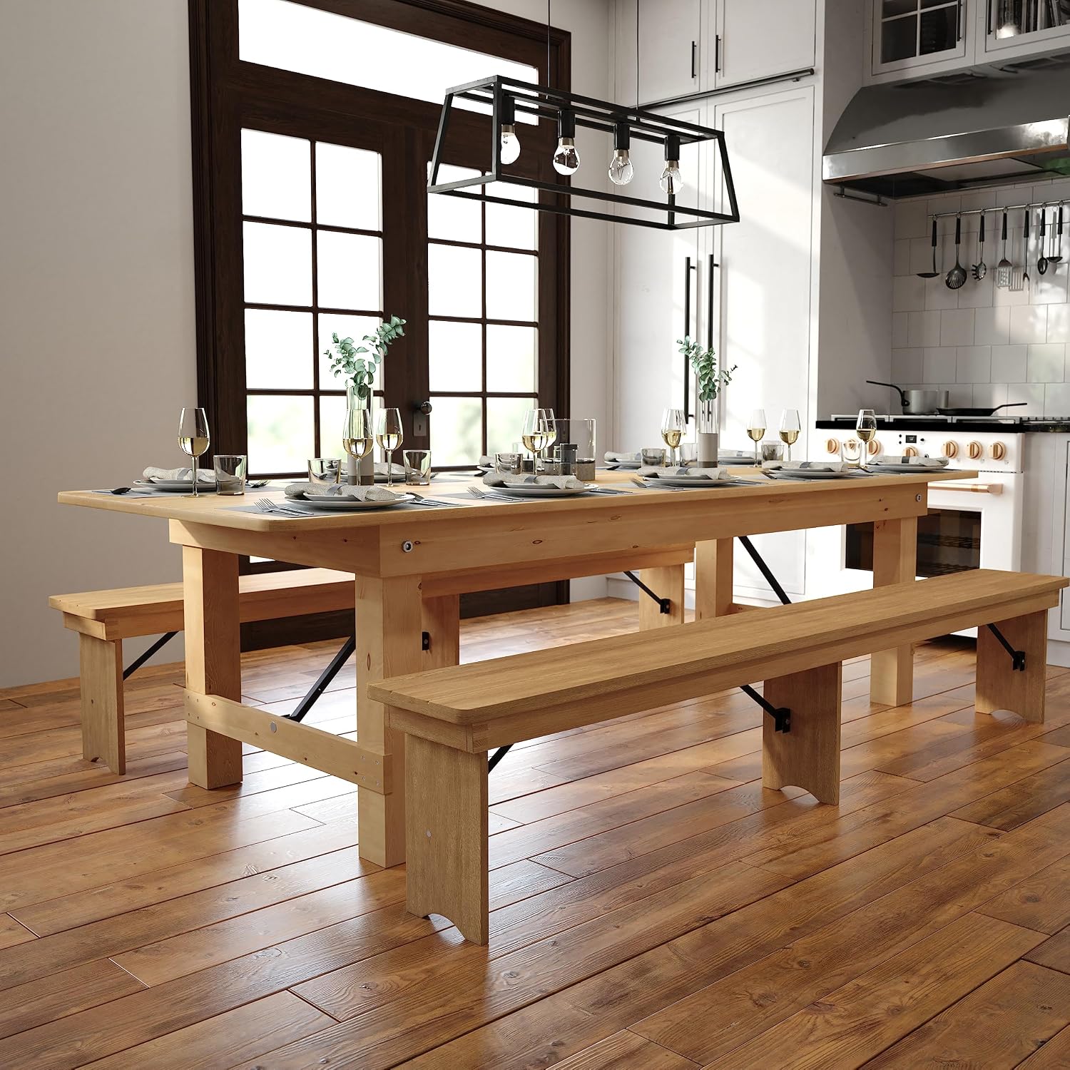 Flash Furniture Hercules Commercial Grade Farmhouse Dining Table | Solid Pine Foldable Table for 10 in Antique Rustic Light Natural | Rustic Charm for Home and Events