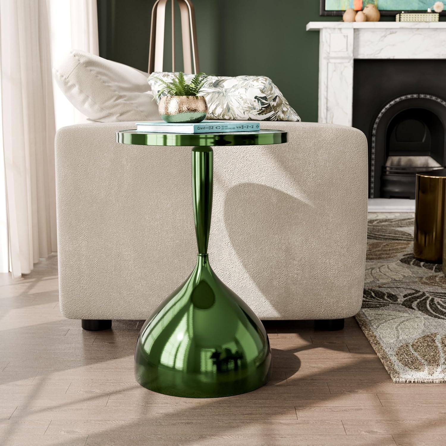 Homes: Inside + Out Halric Modern 24' Tall Round End Table with Decorated Tabletop and Iron Metal Base, Accent Furniture, Elegant Pedestal Stand for Living Room, Home Office, Chrome Green