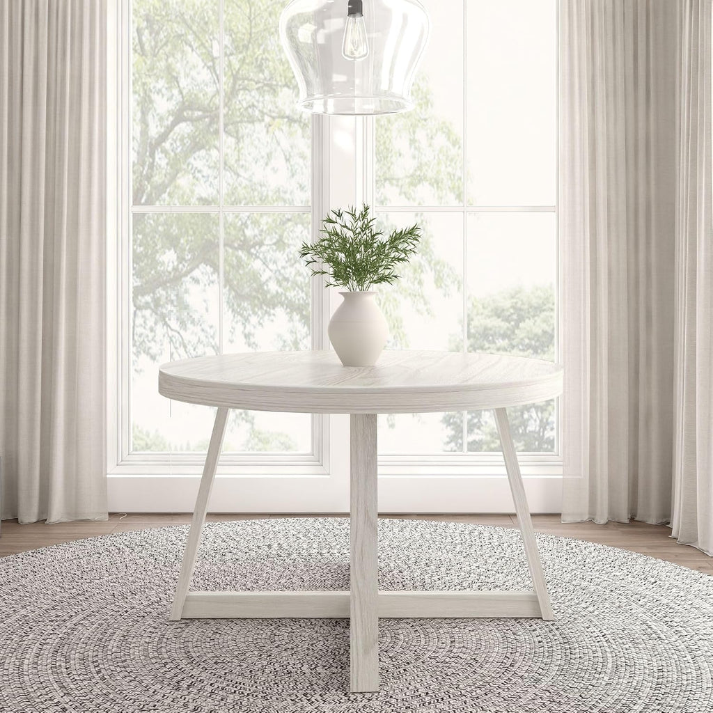 Plank+Beam Round Dining Table, 47 Inch Solid Wood Kitchen Table, Farmhouse Round Table for 4, Small Dinette Table, White Sand Wirebrush