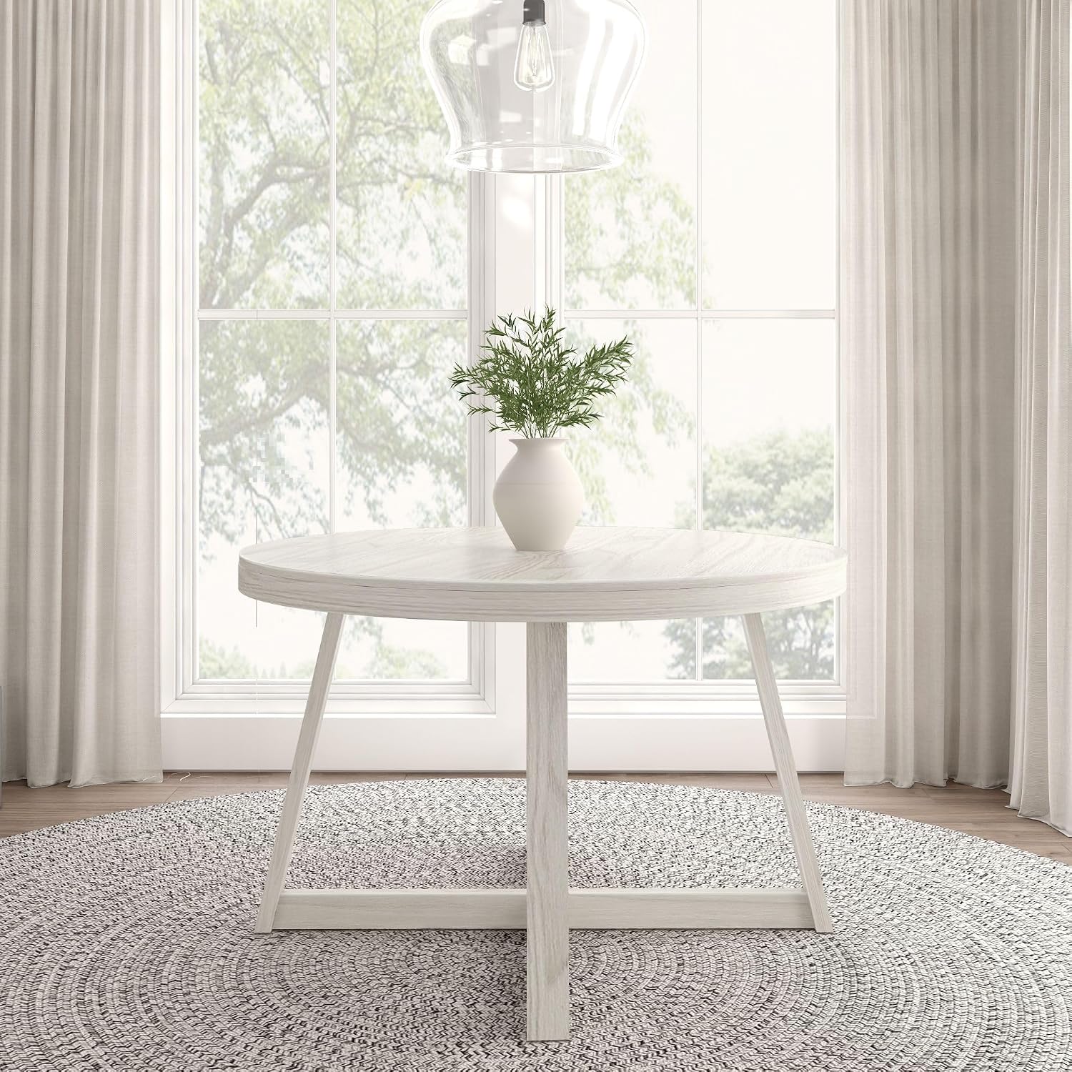 Plank+Beam Round Dining Table, 47 Inch Solid Wood Kitchen Table, Farmhouse Round Table for 4, Small Dinette Table, White Sand Wirebrush