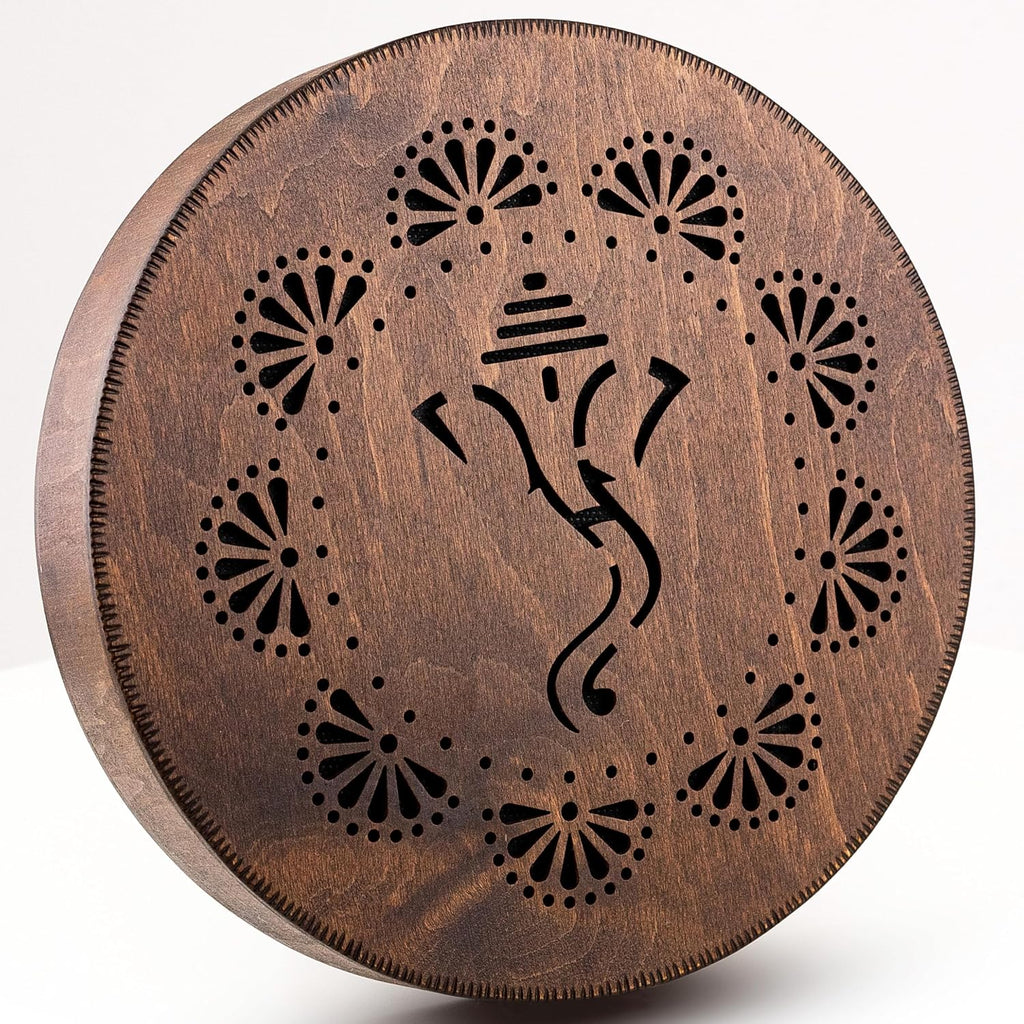 Rain-Fall Disc, 8.6 Inch (22 cm) Wooden Ocean Drum, Gentle Rain Sound for Sound Bath, Meditation & Sound Healing, Elephant & Lotus Design