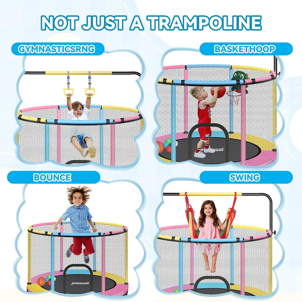 Mini Trampoline for Kids & Toddlers, Ages2-10 | Indoor & Outdoor, with Safety Enclosure Net, Basketball Hoop & Ocean Balls, Birthday Gift for Boy,Girl