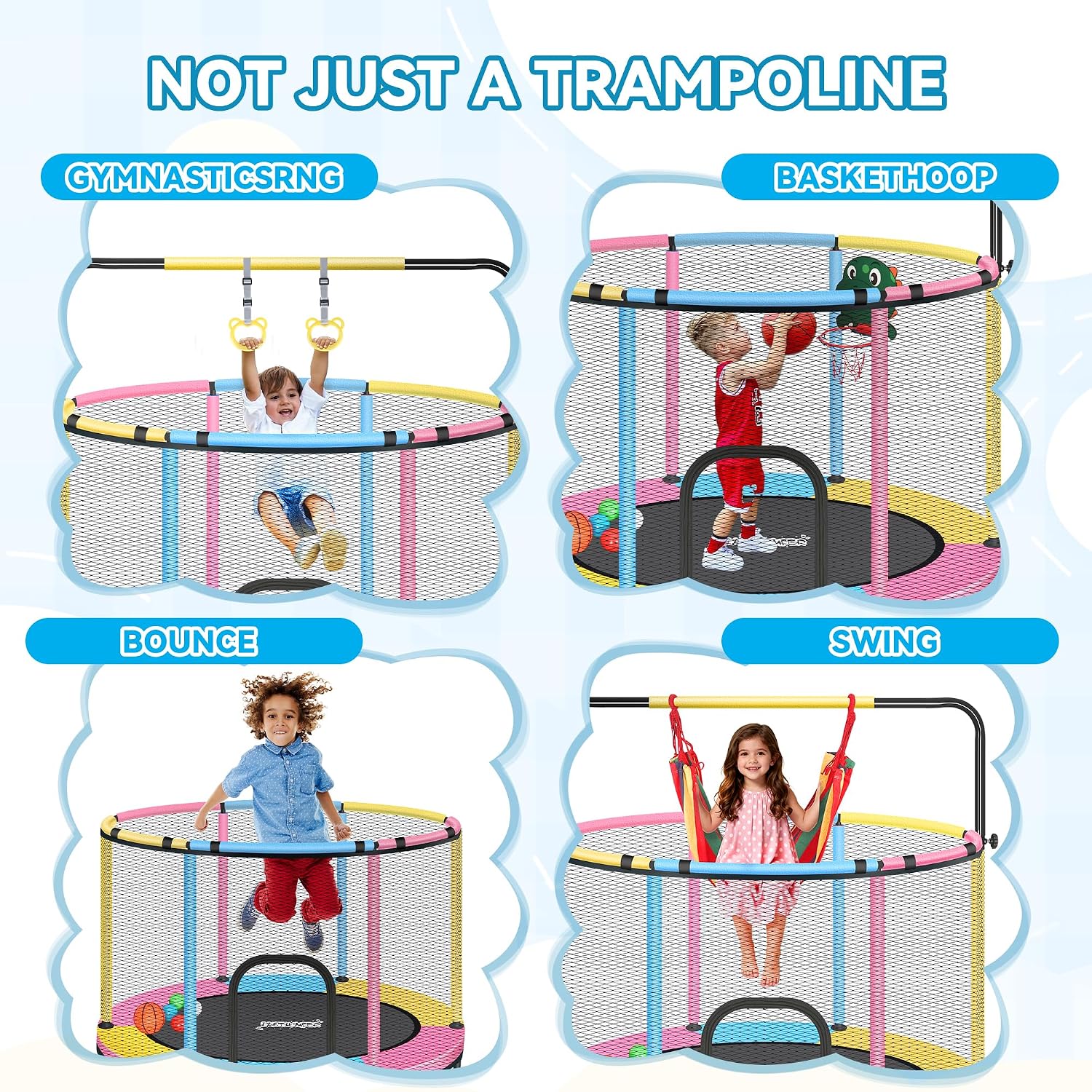 Mini Trampoline for Kids & Toddlers, Ages2-10 | Indoor & Outdoor, with Safety Enclosure Net, Basketball Hoop & Ocean Balls, Birthday Gift for Boy,Girl