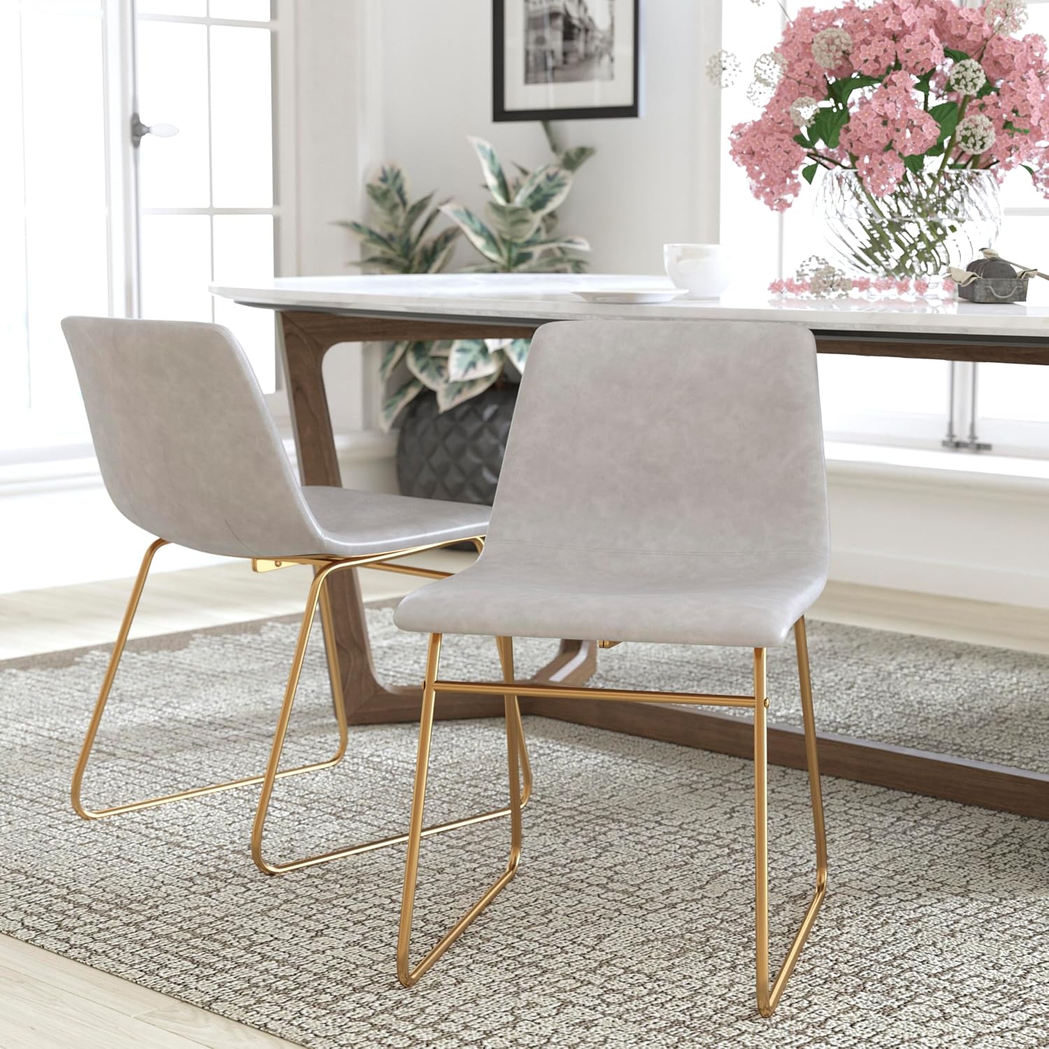 Flash Furniture Butler 18' LeatherSoft Dining Table Height Chairs, Mid-Century Modern Bucket Style Dining Chairs, Set of 2, Light Gray/Gold