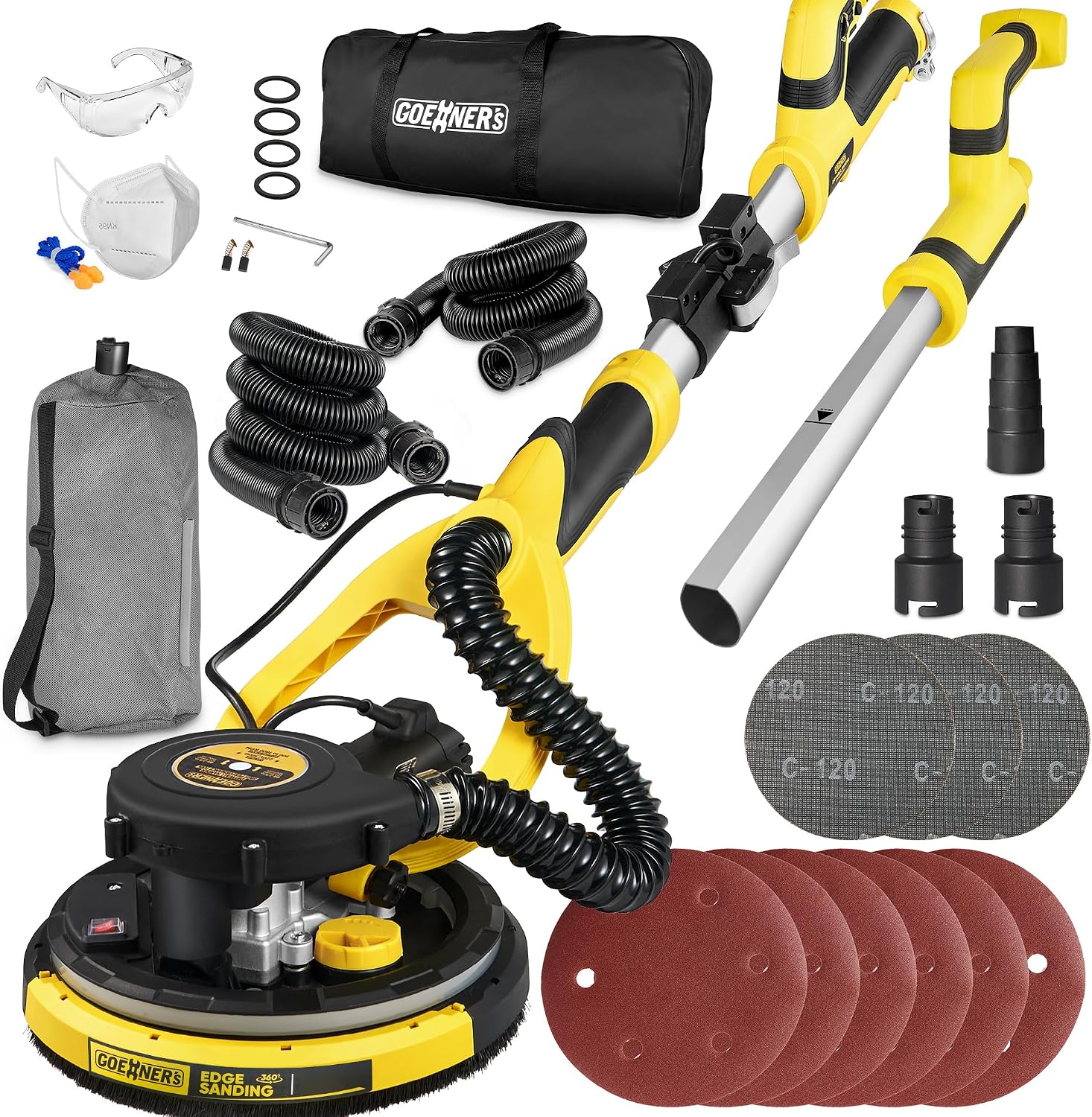 Drywall Sander, 6.5-amp Powerful Electric Drywall Sander with Vacuum, Anto Dust Removal, 7 Variable Speed, 900-1800RPM, Dustless Floor Sander with 26' Power Cord for Popcorn Ceiling