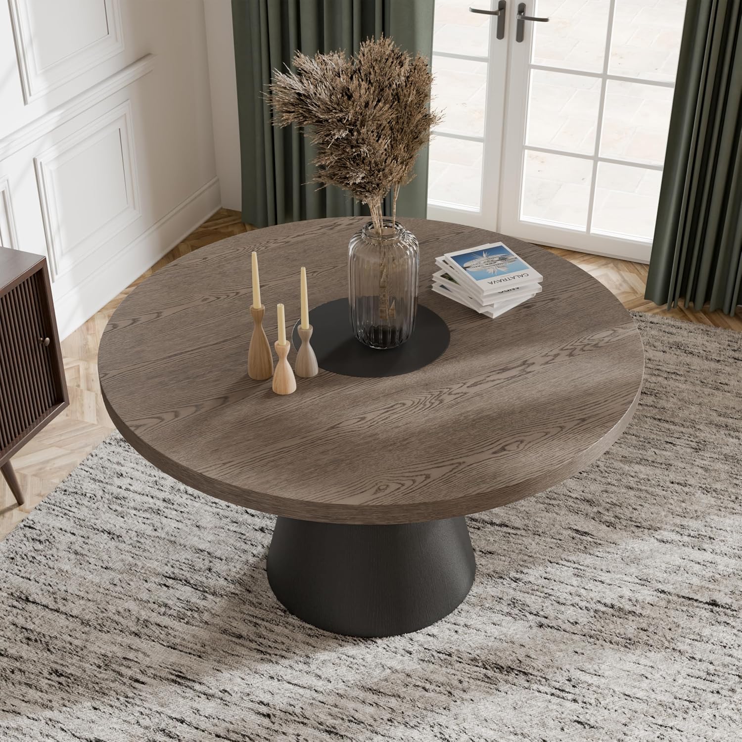 Furniture of America Demi Modern Solid Wood 54-inch Round Dining Table with Cone-Shaped Pedestal Base, Two-Tone Design, Seats up to 4, for Home Kitchen, Living Room, Dinettes, Rustic Oak/Dark Walnut
