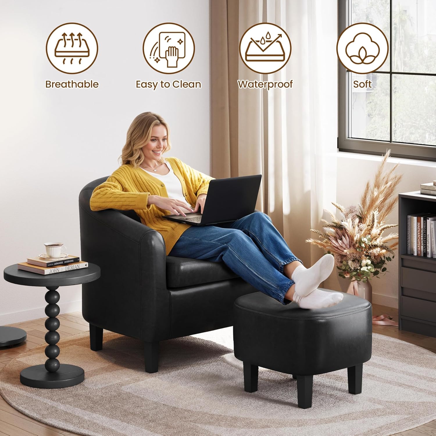 Yaheetech Barrel Chair with Ottoman Set, Faux Leather Accent Chair with Soft Padded and Sturdy Legs for Living Room/Bedroom/Study/Waiting Room, Black