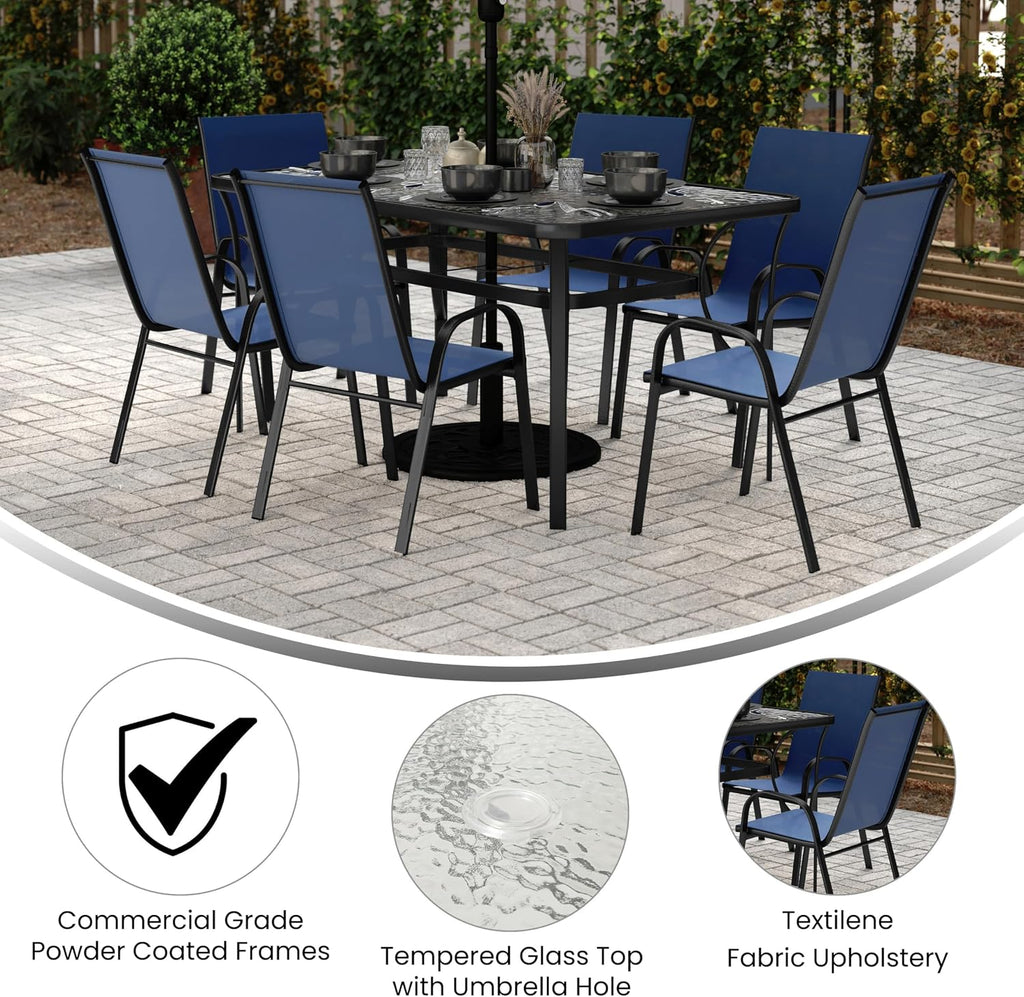 Flash Furniture Brazos Commercial Outdoor Dining Set, 60' Tempered Glass Patio Table with Umbrella Hole, 6 Stack Chairs with Flex Comfort Seats and Backs, Navy/Black