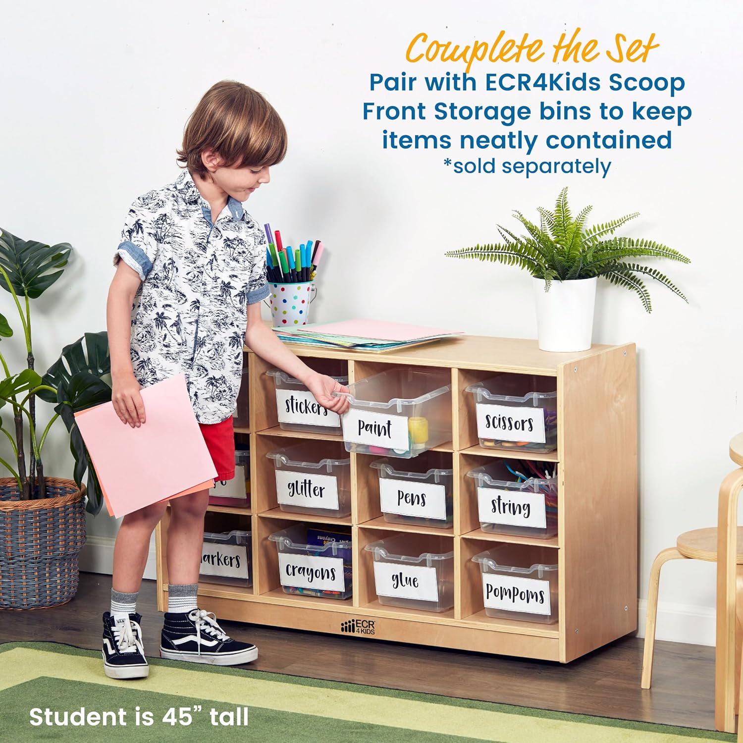 ECR4Kids 12 Cubby Mobile Tray Storage Cabinet, 3x4, Classroom Furniture, Natural