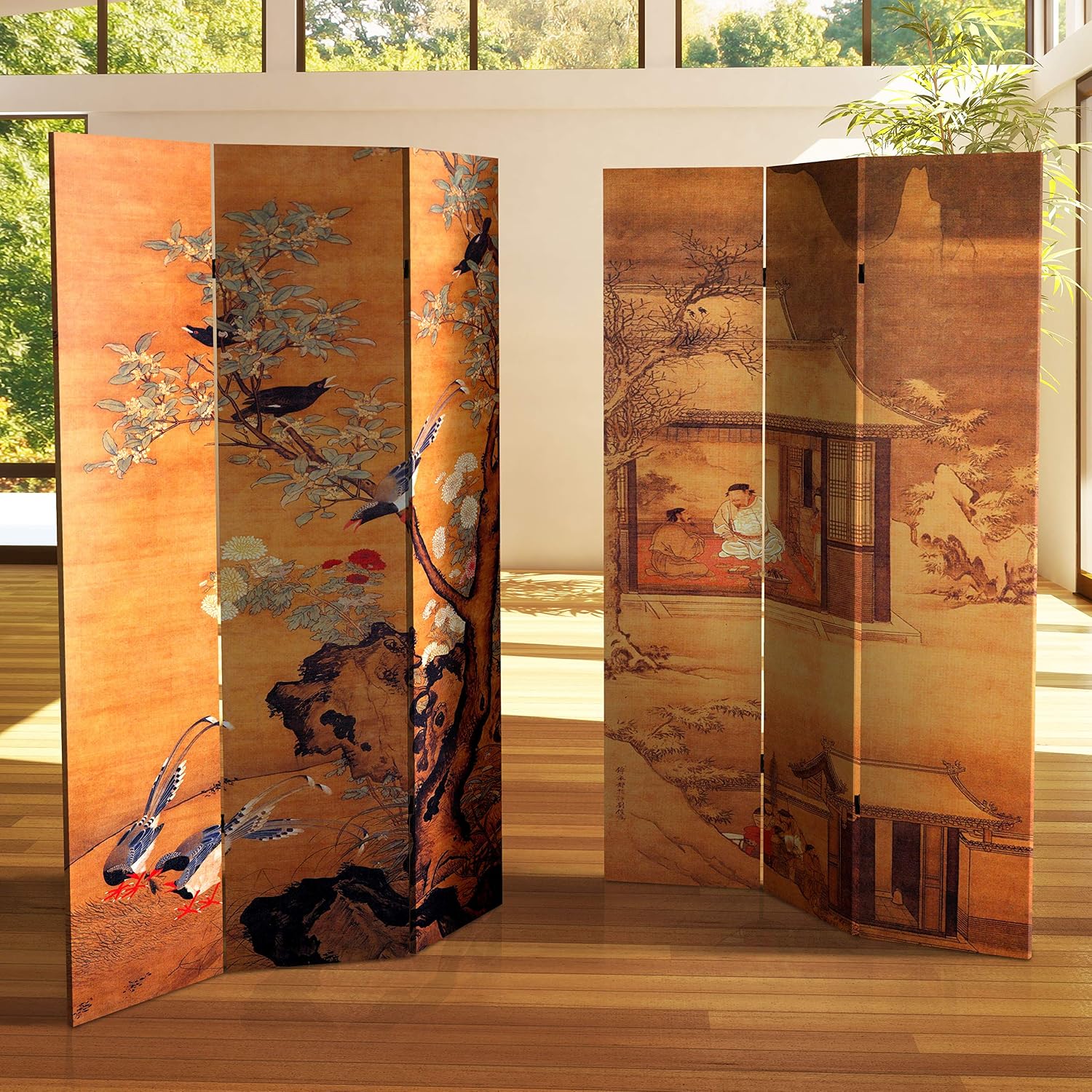 Oriental Furniture 6 ft. Tall Double Sided Chinese Landscapes Canvas Room Divider,Brown