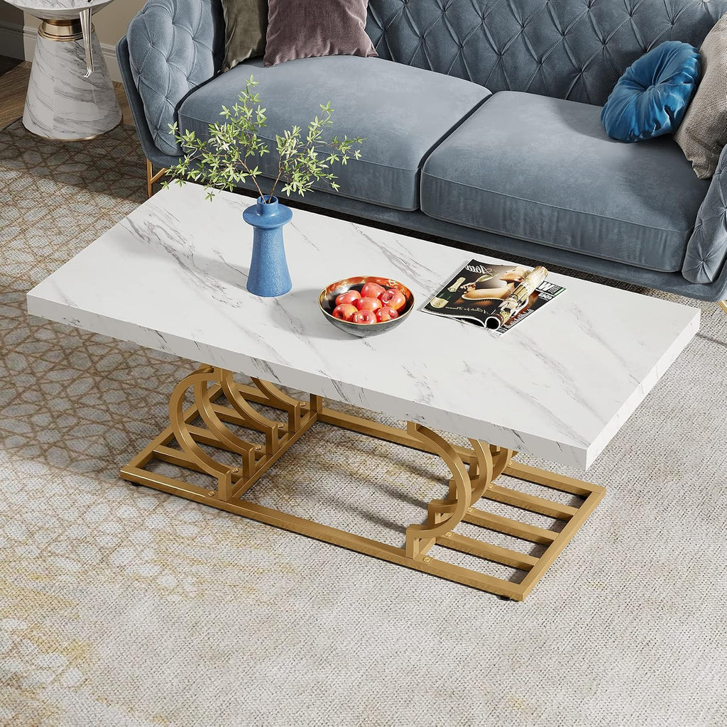 LITTLE TREE 47 Inch Modern Coffee Table, Faux Marble Cocktail Table Center Table Tea Table Accent Furniture for Living Room, White/Gold