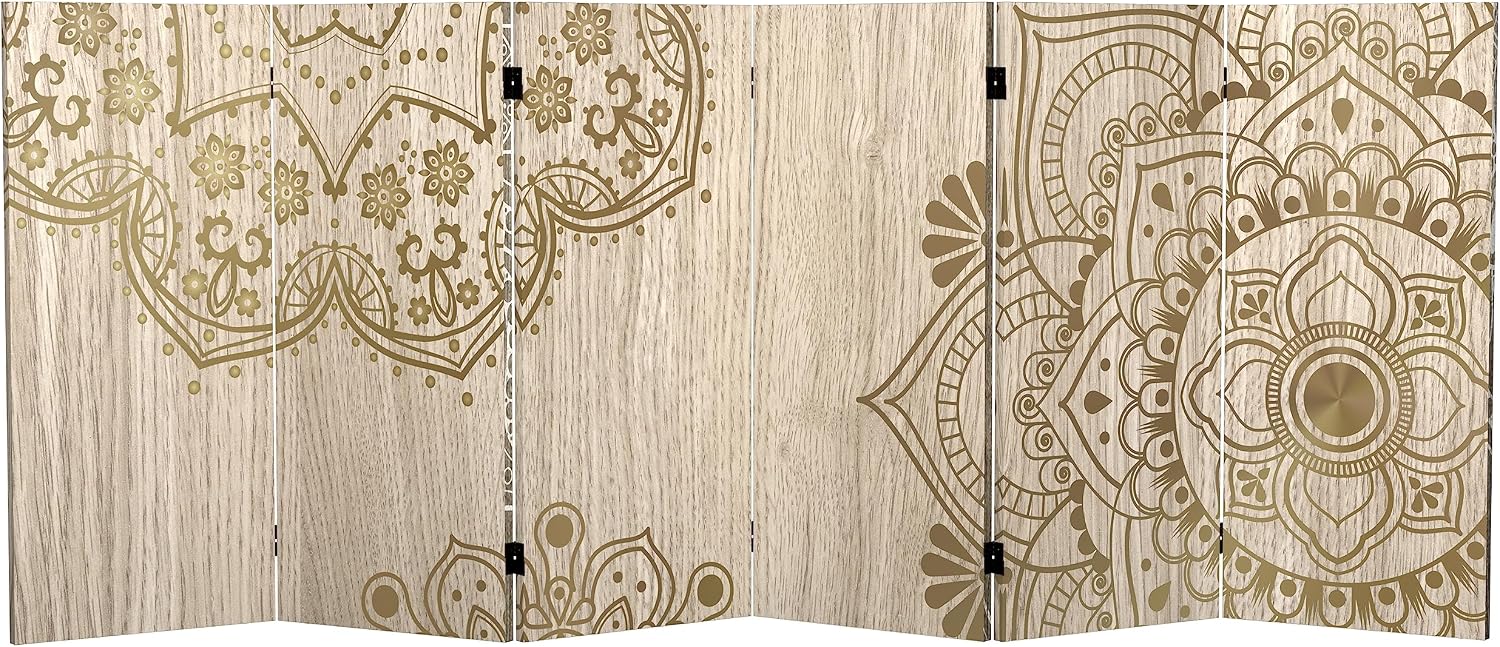 Red Lantern 3 ft. Short Double Sided Mandala on Oak Canvas Folding Screen 6 Panel Freestanding Partition and Separator for Modern and Contemporary Bedroom, Home Office, Studio, Dorm, Apartment