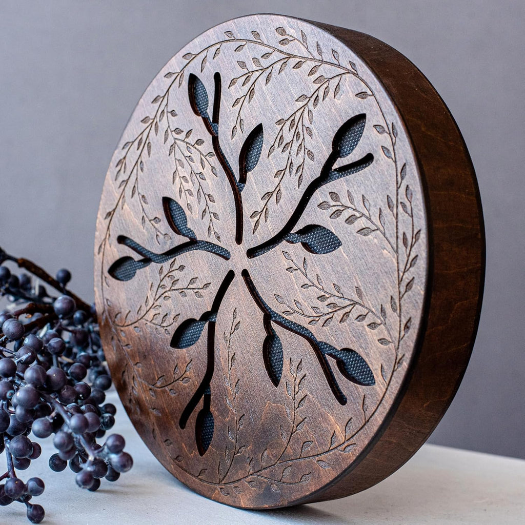 Rain-Fall Disc, 8.6 Inch (22 cm) Wooden Ocean Drum, Gentle Rain Sound for Sound Bath, Meditation & Sound Healing, Leaves & Lotus Design