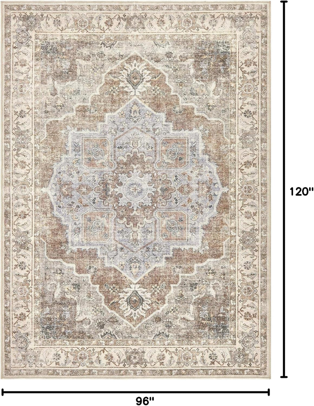 8x10 Washable Area Rug: Vintage Neutral Soft Non Slip Thin Large Floor Carpet for Living Room Bedroom Kitchen Dining Room Home Office Farmhouse Indoor - Grey Brown