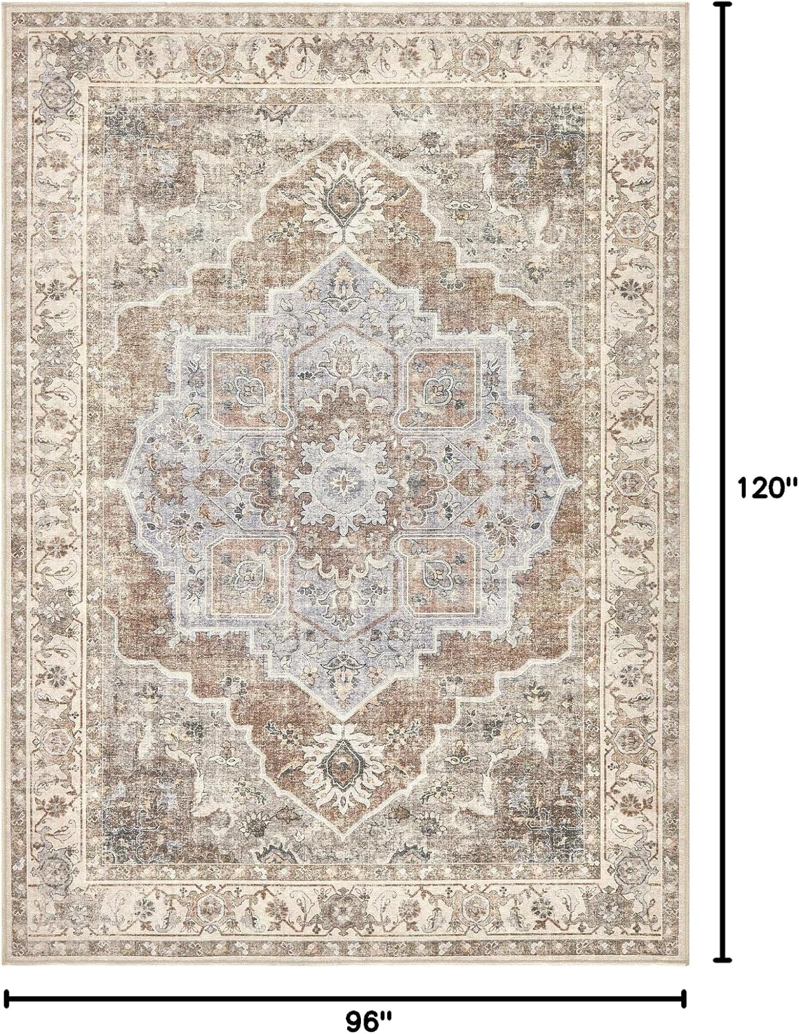 8x10 Washable Area Rug: Vintage Neutral Soft Non Slip Thin Large Floor Carpet for Living Room Bedroom Kitchen Dining Room Home Office Farmhouse Indoor - Grey Brown