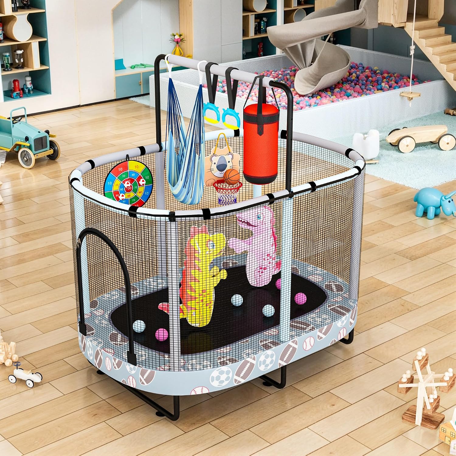 LAMERGE 55' 7-in-1 Round Trampoline for Kids Boys & Girls Ages 1-8, Indoor & Outdoor Trampoline for Fun, Adjustable Height Handrail ＆ Enclosed Safety Net ＆ Durable Designs for Toddlers Children