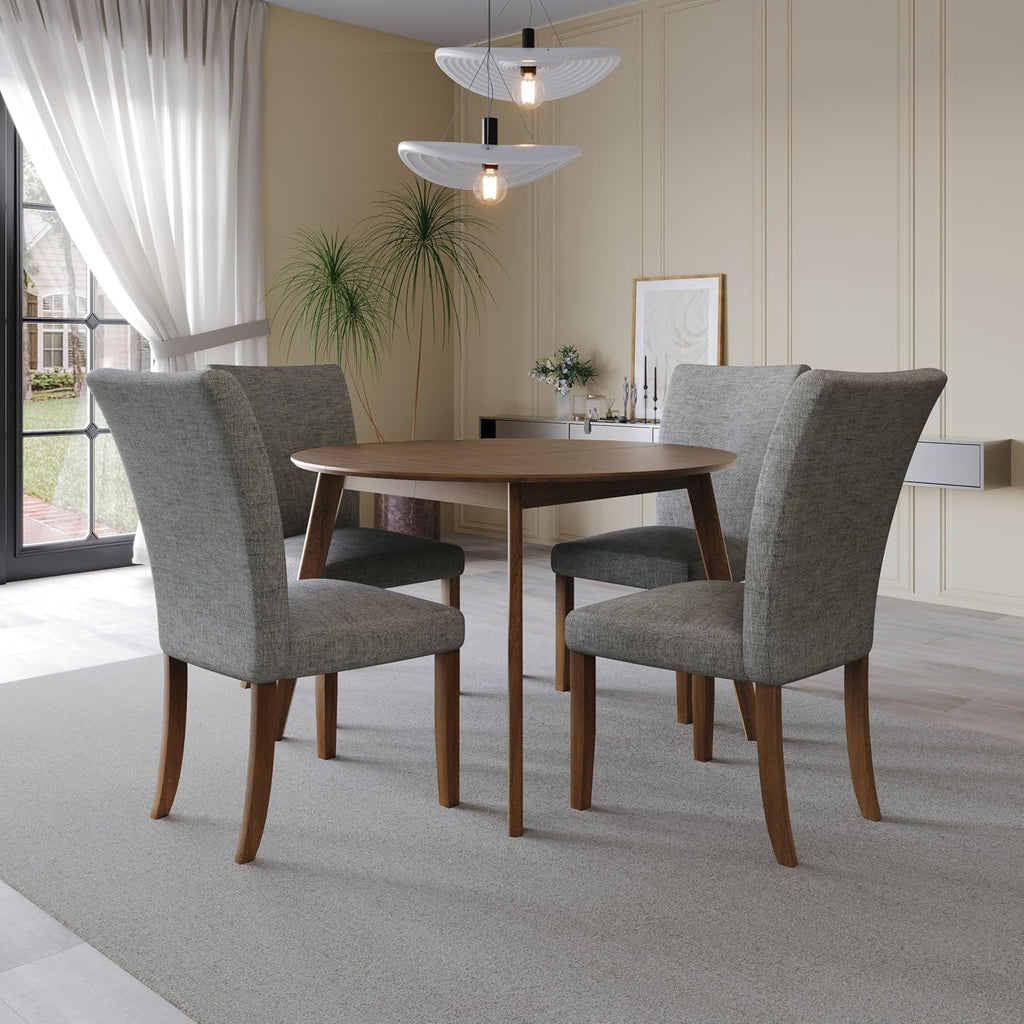 HOME DESIGN Lubec 5-Piece Modern Dining Set – Round Wooden Table & 4 Upholstered Linen Chairs, Curved Backrests, Compact Dining Room Furniture for Kitchen, Apartment, Brown/Gray