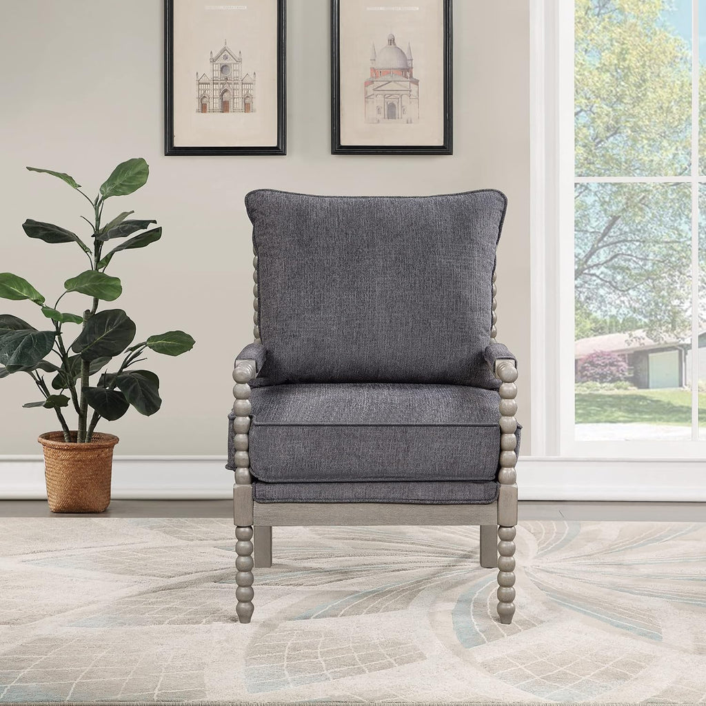 OSP Home Furnishings Abbott Spindle Accent Chair with Padded Spring Seat and Brushed Grey Base, Charcoal Fabric