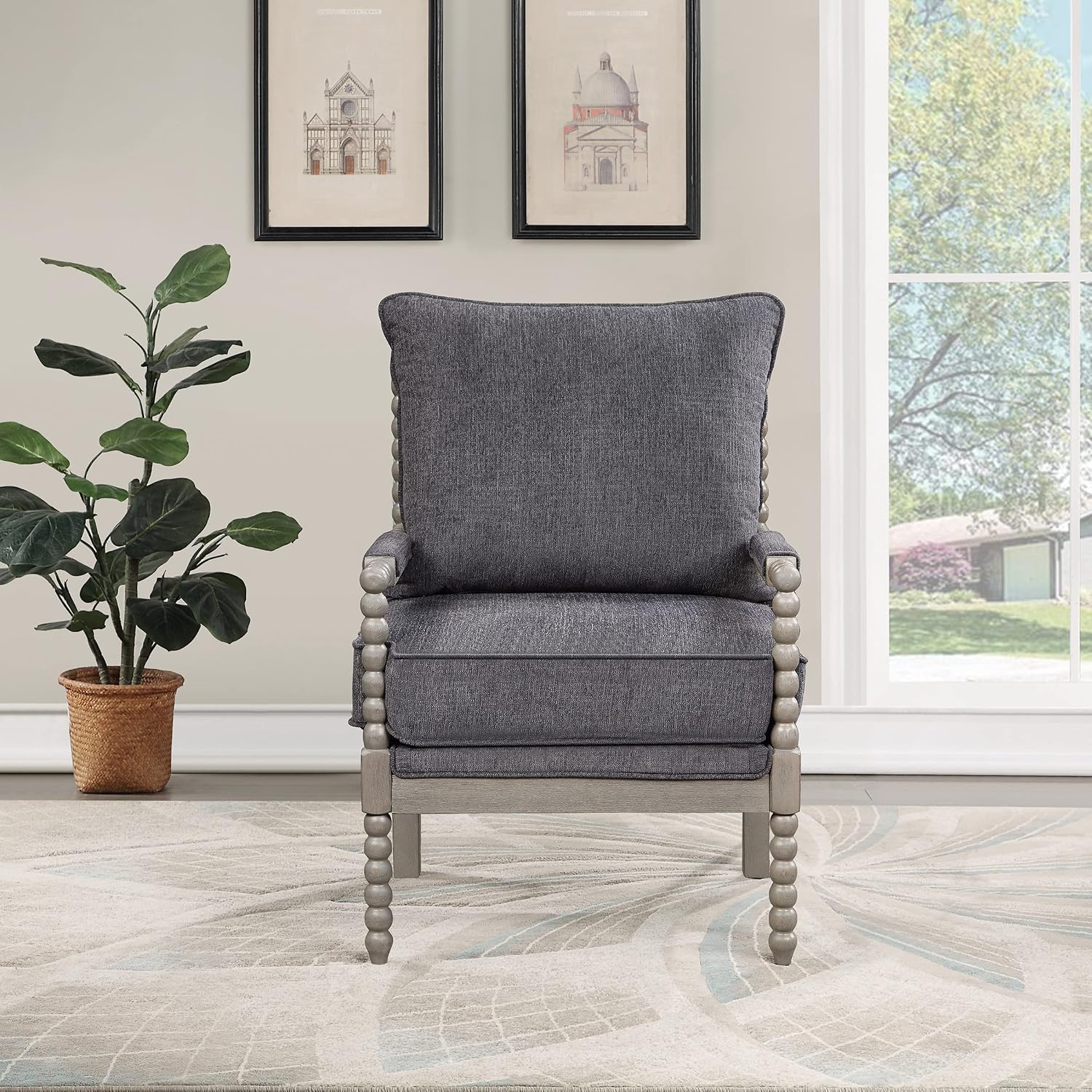 OSP Home Furnishings Abbott Spindle Accent Chair with Padded Spring Seat and Brushed Grey Base, Charcoal Fabric