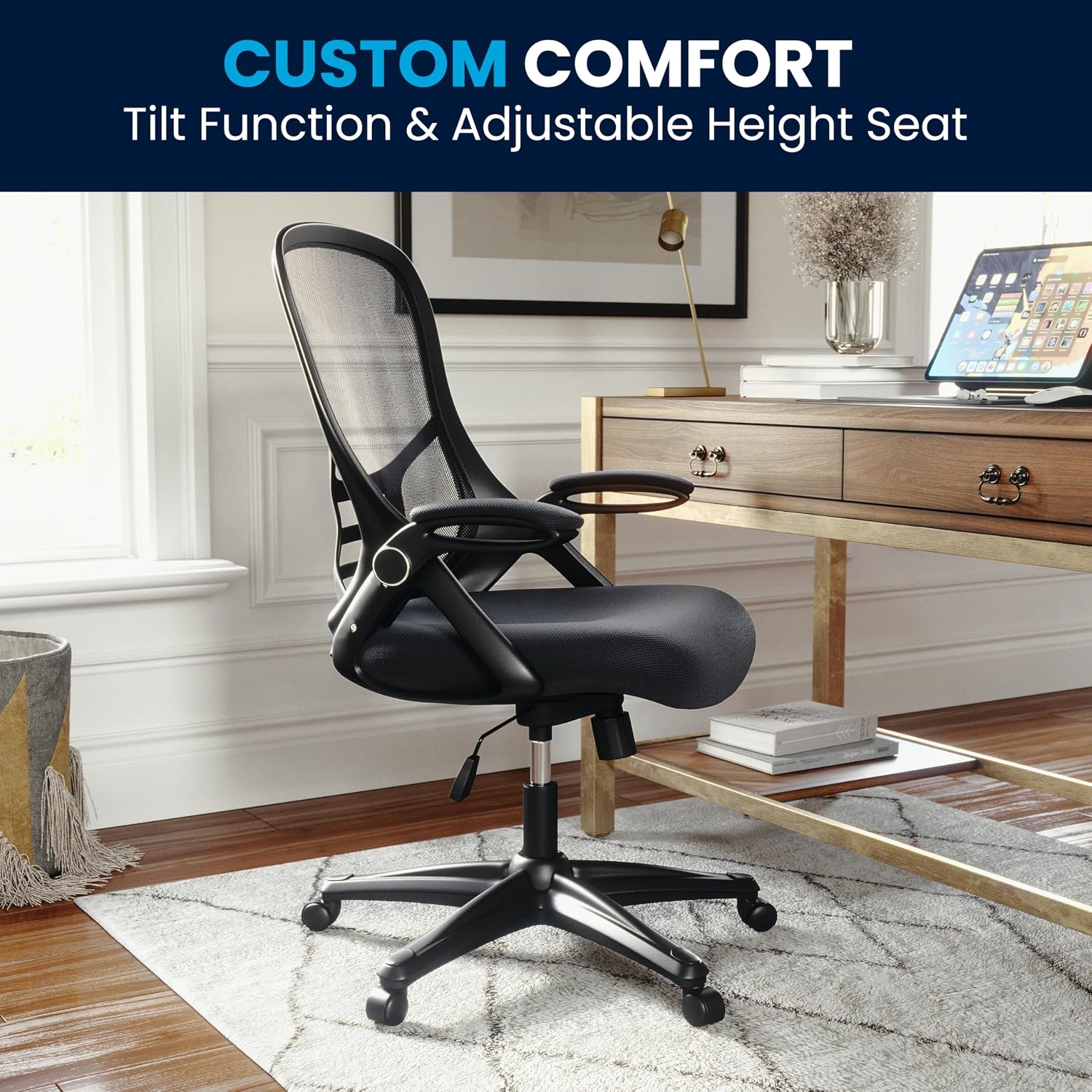 Flash Furniture Porter High-Back Swivel Office Chair with Adjustable Lumbar Support and Seat Height, Ergonomic Mesh Desk Chair with Flip-Up Armrests, Black