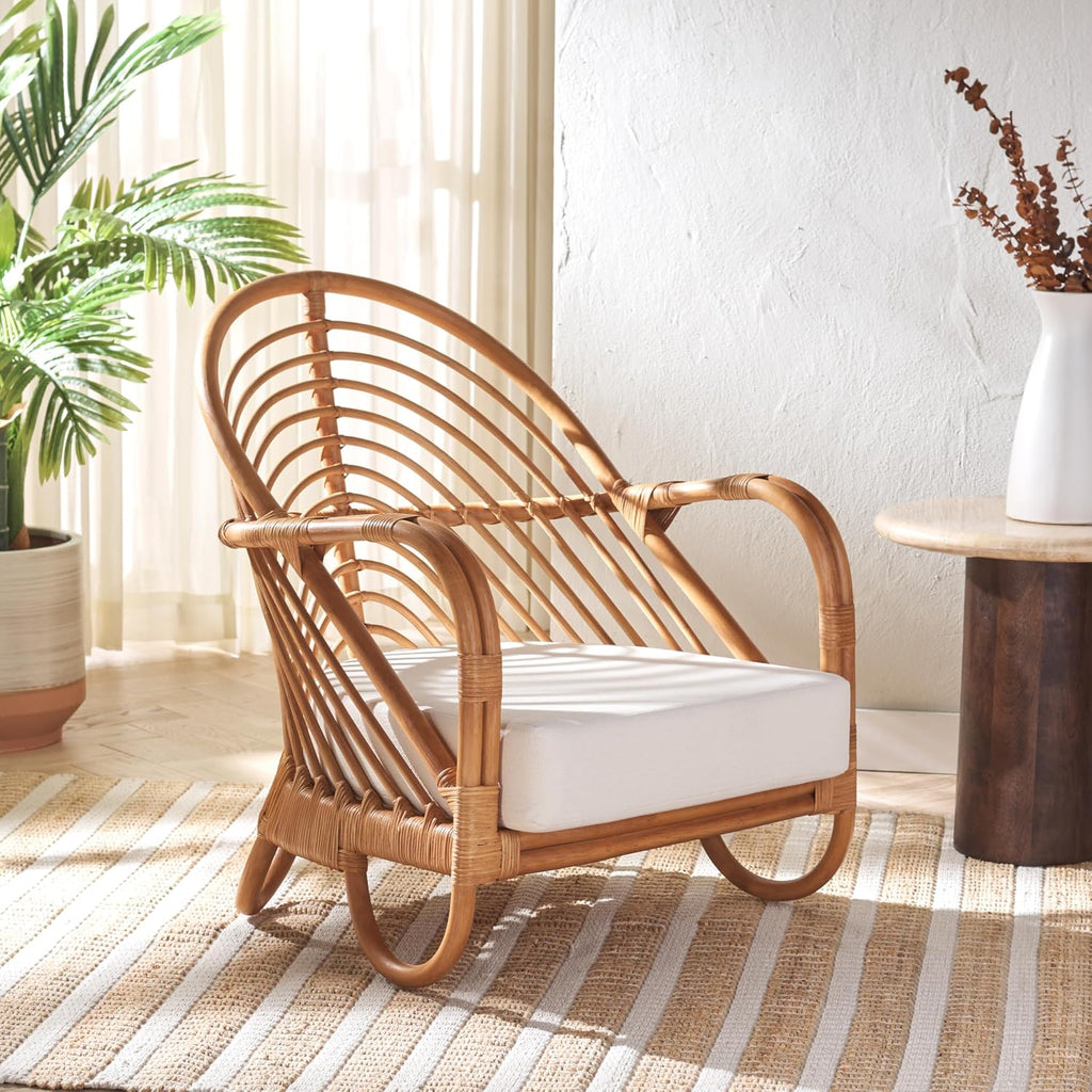 SAFAVIEH Couture Collection Ivybelle Tropical Coastal Natural Rattan/White Linen Cushion Accent Chair (Fully Assembled)