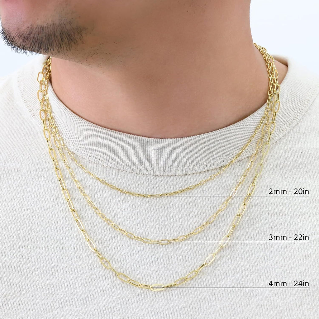 Nuragold 14K Real Yellow Gold Paperclip Chain Elongated Cable Link Necklace 16'-24' (2mm-7mm) Italian Jewelry for Men & Women