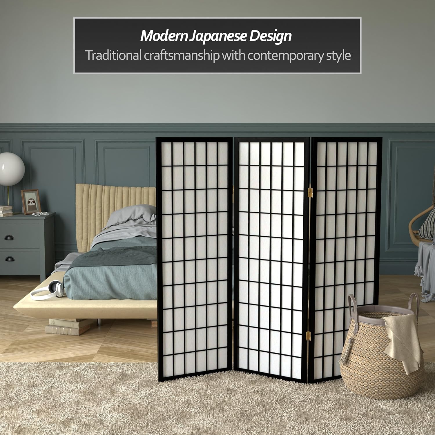 4 ft. Short Window Pane Shoji Screen - Black - 3 Panels
